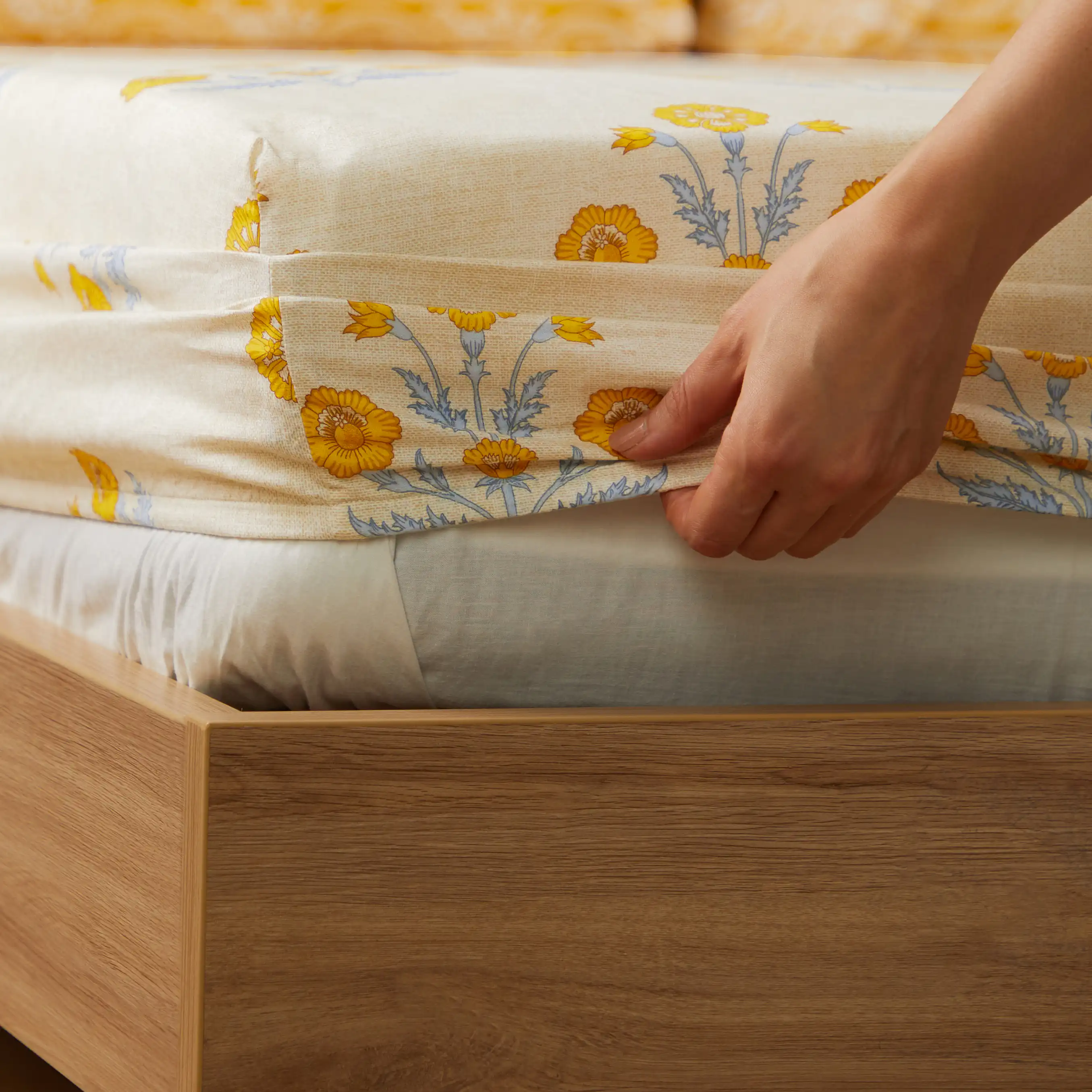 Chippa Lane | Contemporary Indian Print Design Cotton Fitted Sheet Set-Ochre - Image 10