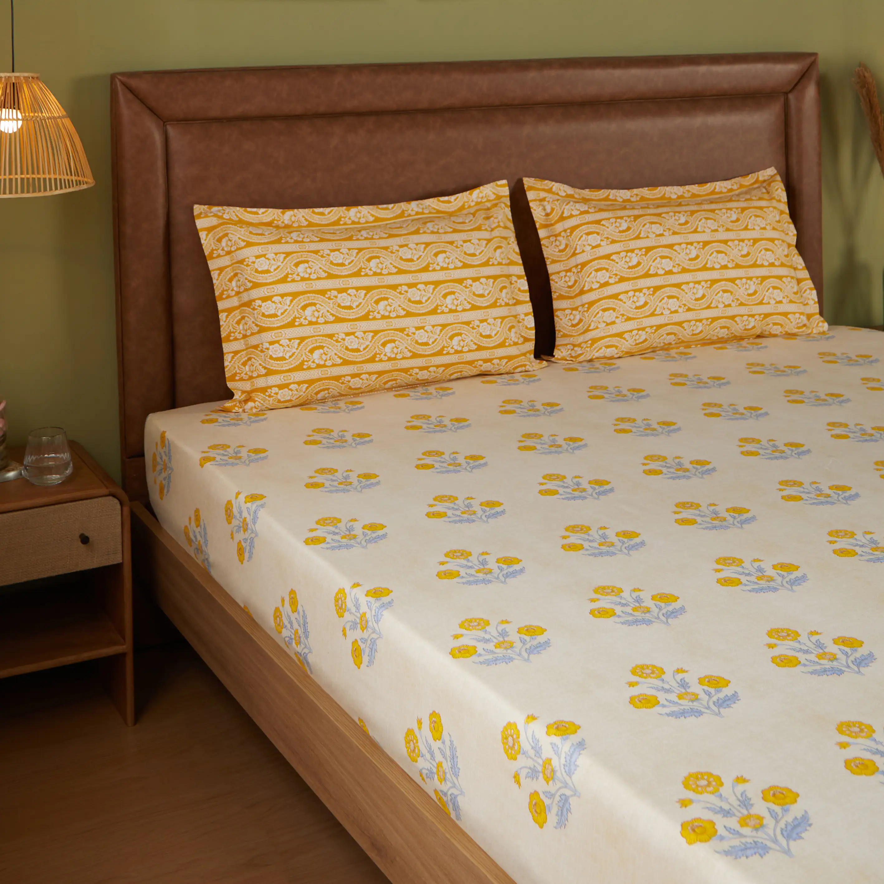 Chippa Lane | Contemporary Indian Print Design Cotton Fitted Sheet Set-Ochre - Image 8