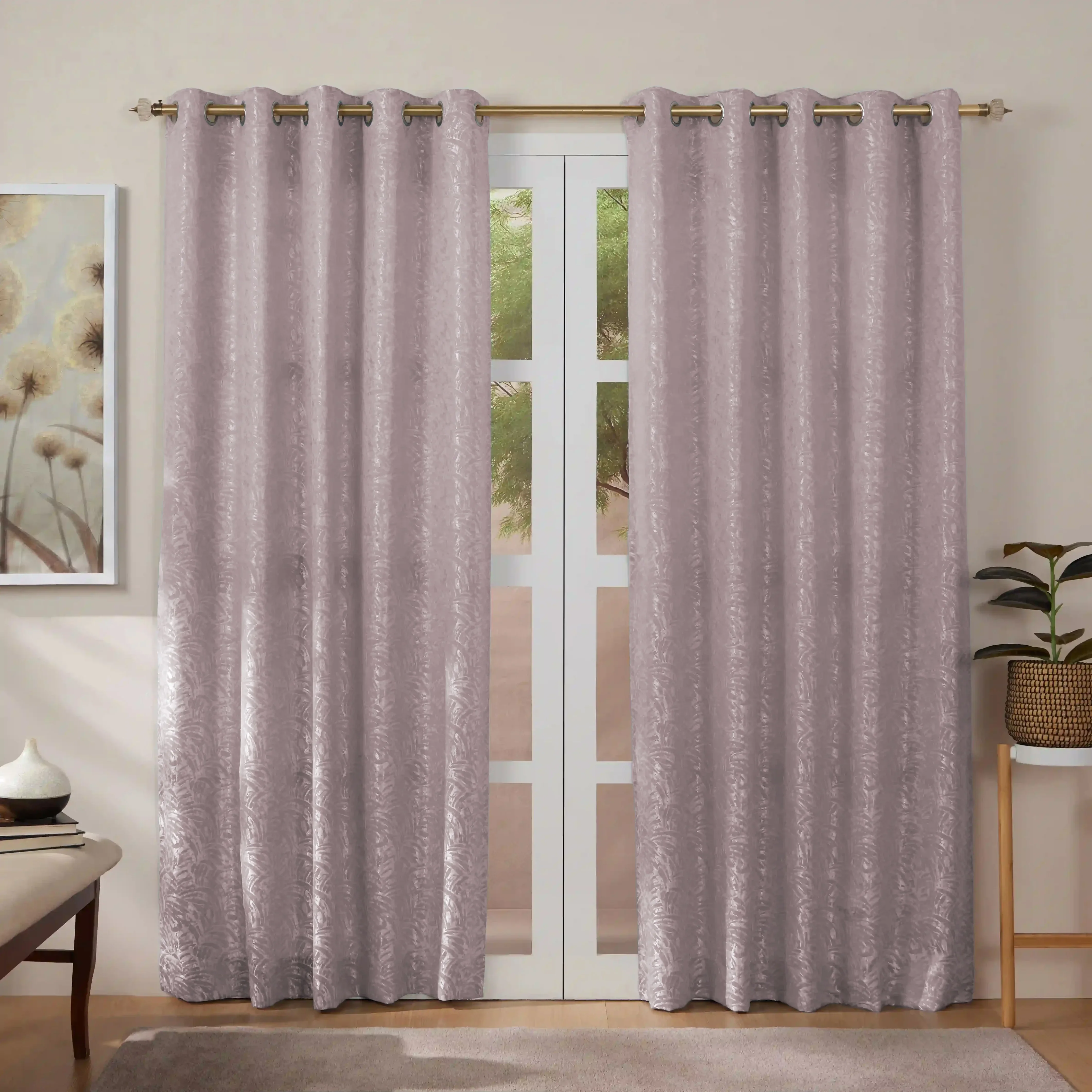 De Jacquard - Luxe Set Of 2 Jacquard Readymade Curtains | Natural Imprint - Image 24