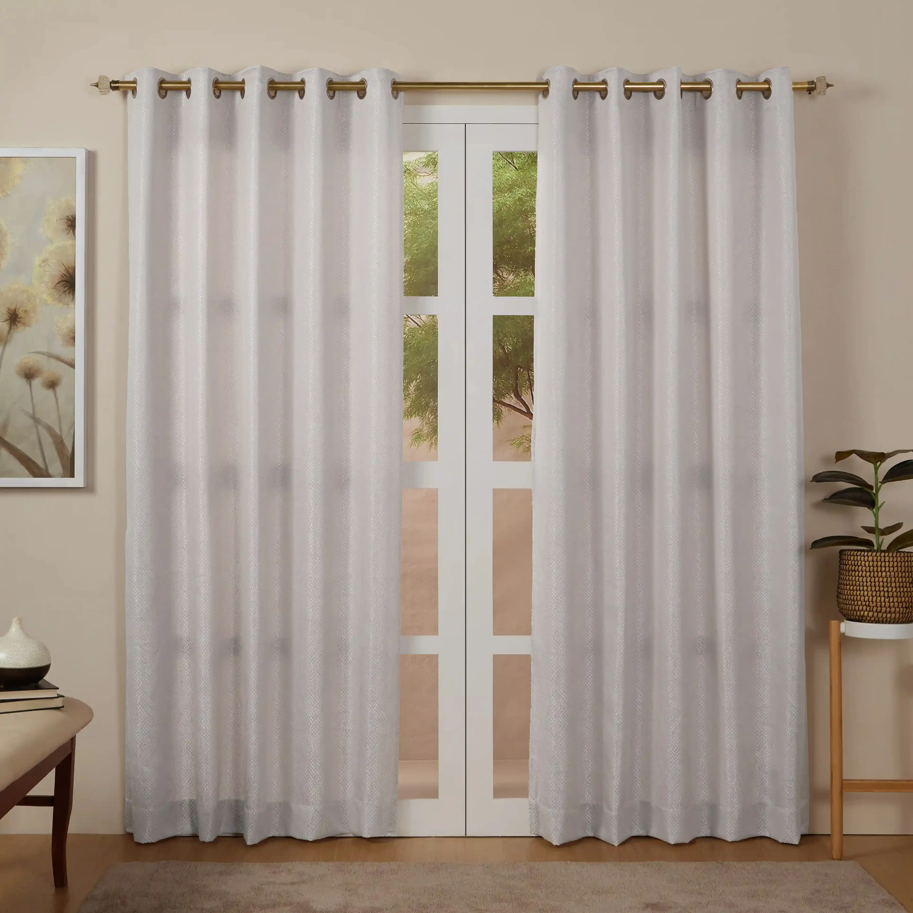 De Jacquard - Luxe Set Of 2 Jacquard Readymade Curtains | Natural Imprint - Image 25