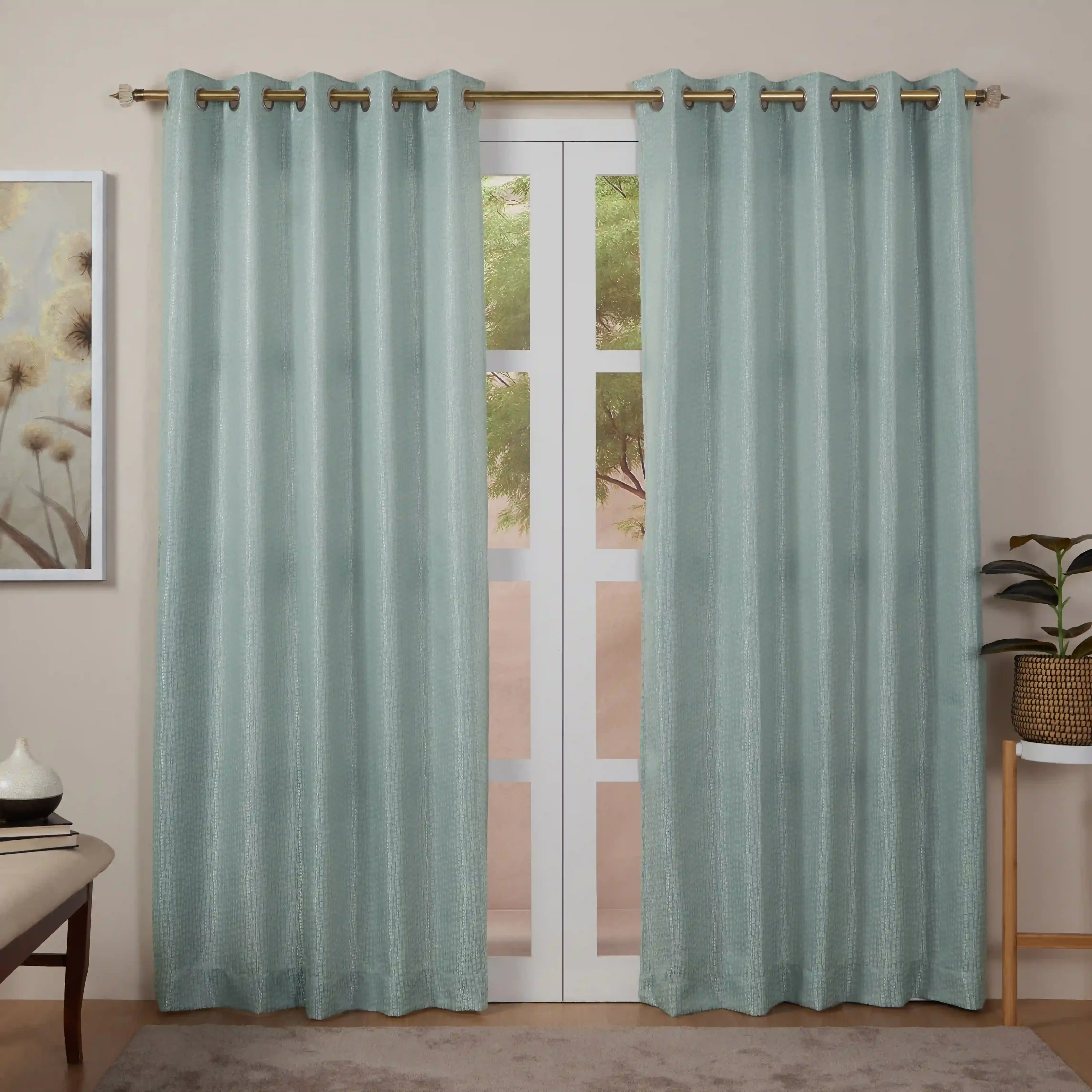 De Jacquard - Luxe Set Of 2 Jacquard Readymade Curtains | Natural Imprint - Image 49
