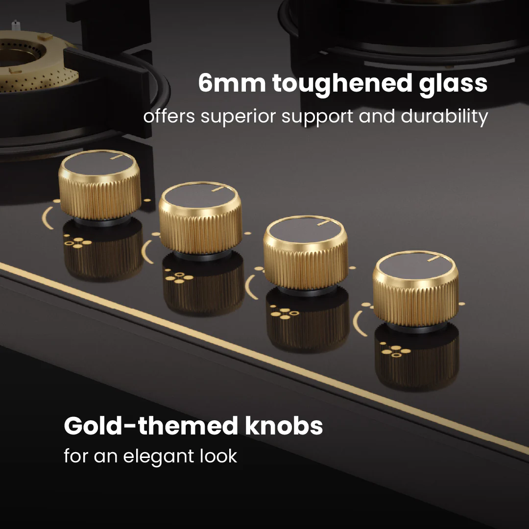 Intellia by Livspace 4 Brass Burner 750mm with Auto Ignition Gloss finish Cooktop | Intellia CT 75 4B - Image 3