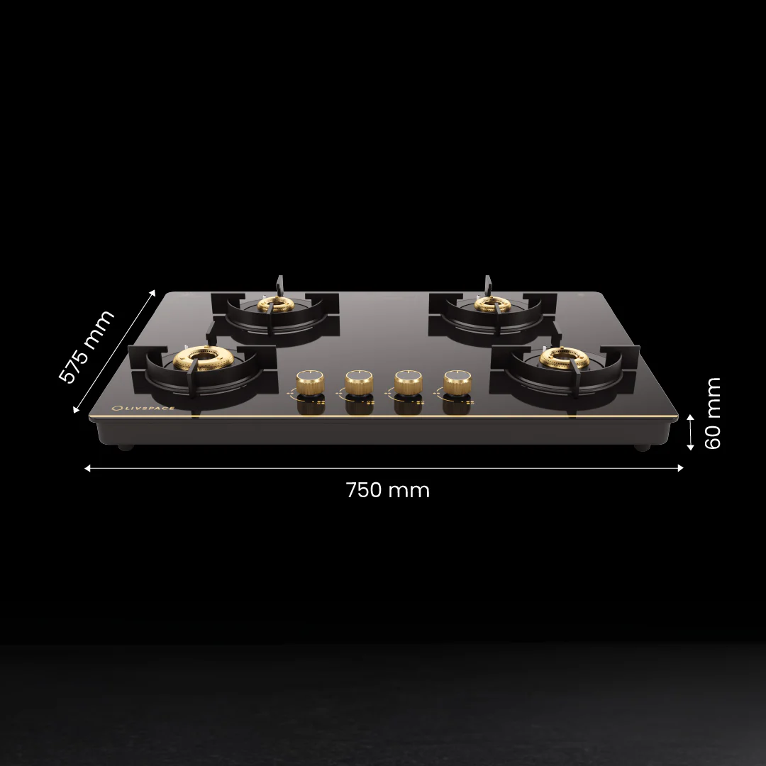 Intellia by Livspace 4 Brass Burner 750mm with Auto Ignition Gloss finish Cooktop | Intellia CT 75 4B - Image 8