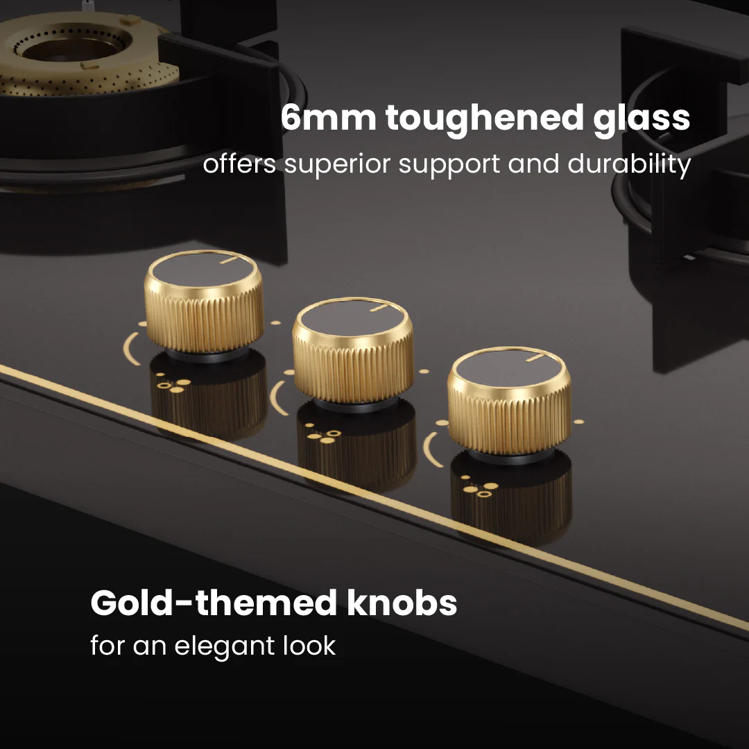 Intellia by Livspace 3 Brass Burner 770mm with Auto Ignition Gloss finish Cooktop | Intellia CT 77 3B - Image 3