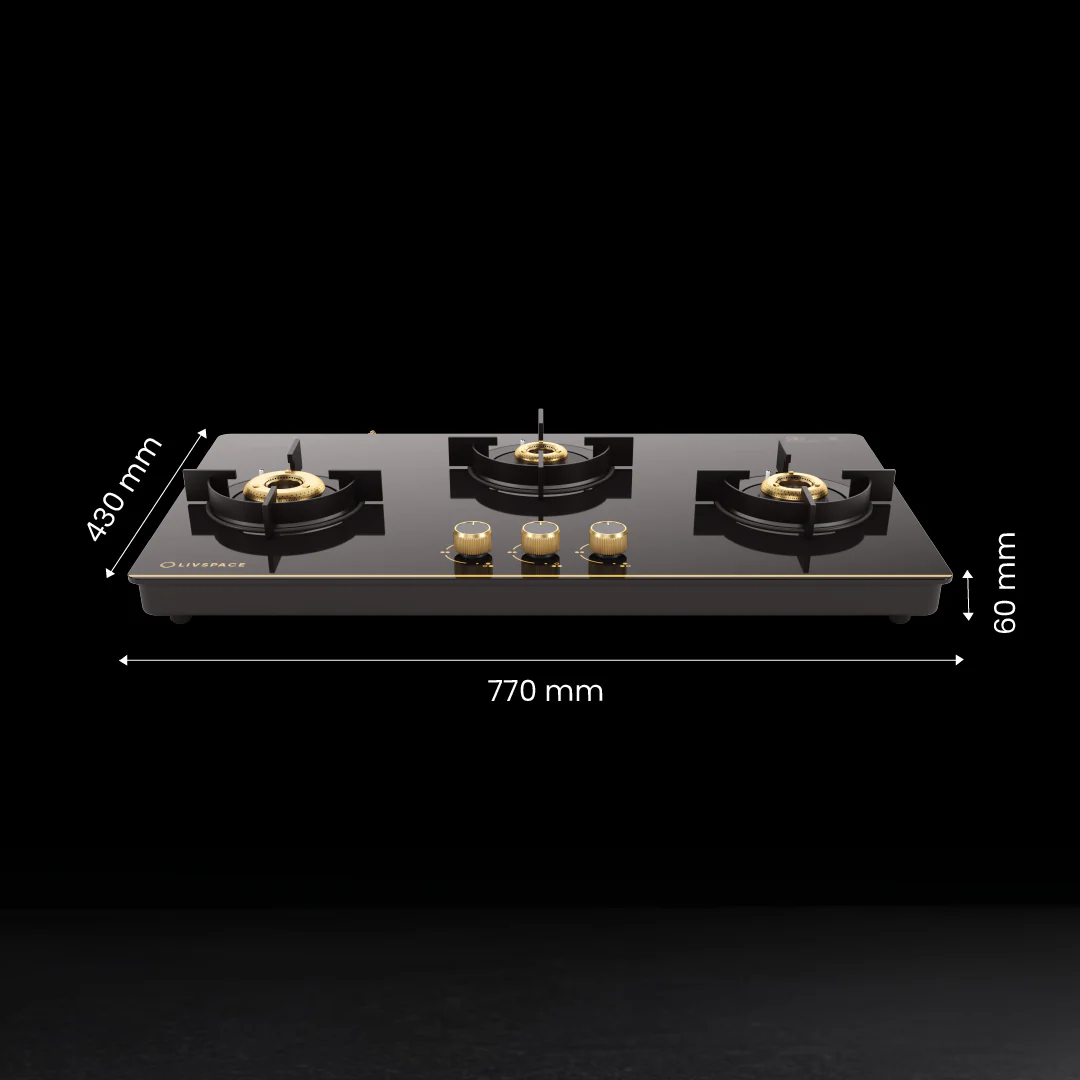Intellia by Livspace 3 Brass Burner 770mm with Auto Ignition Gloss finish Cooktop | Intellia CT 77 3B - Image 8