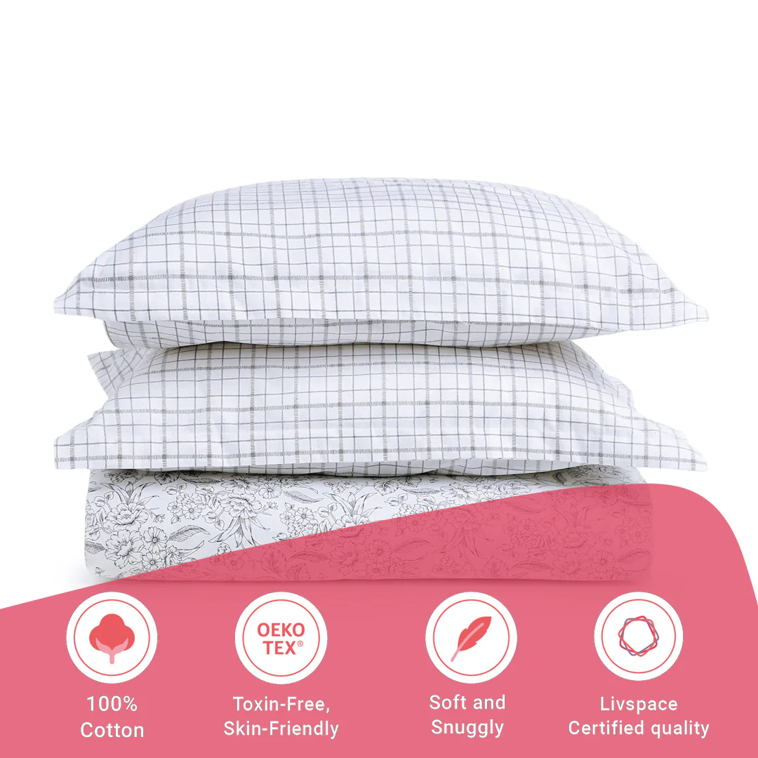 Mishella | Mix & Match Printed Cotton Bedsheet Set - Charcoal Bloom - Image 16
