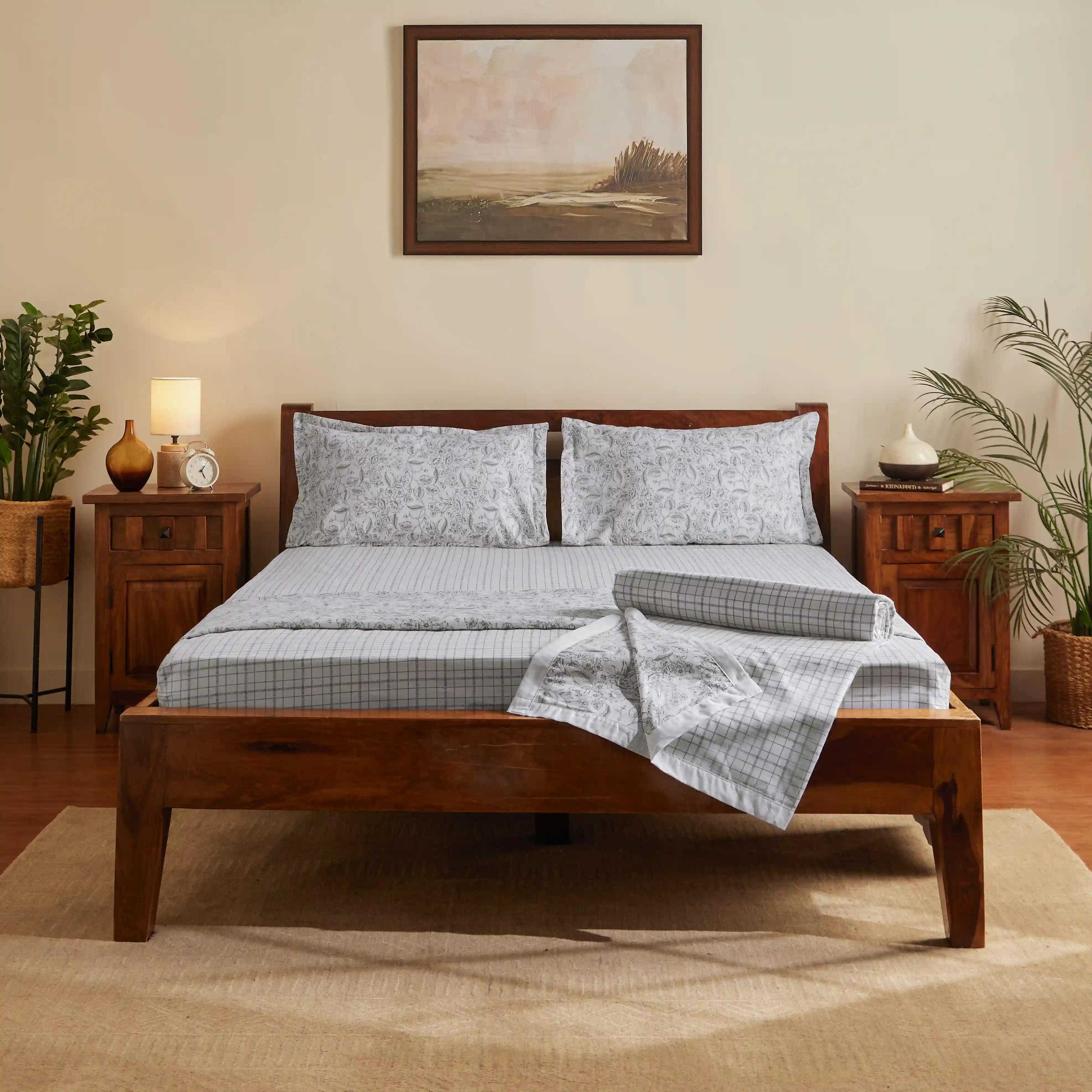 Mishella | Mix & Match Printed Coordinated Bedding Set | Set of Bedsheet & Dohars - Charcoal Checks - Image 2