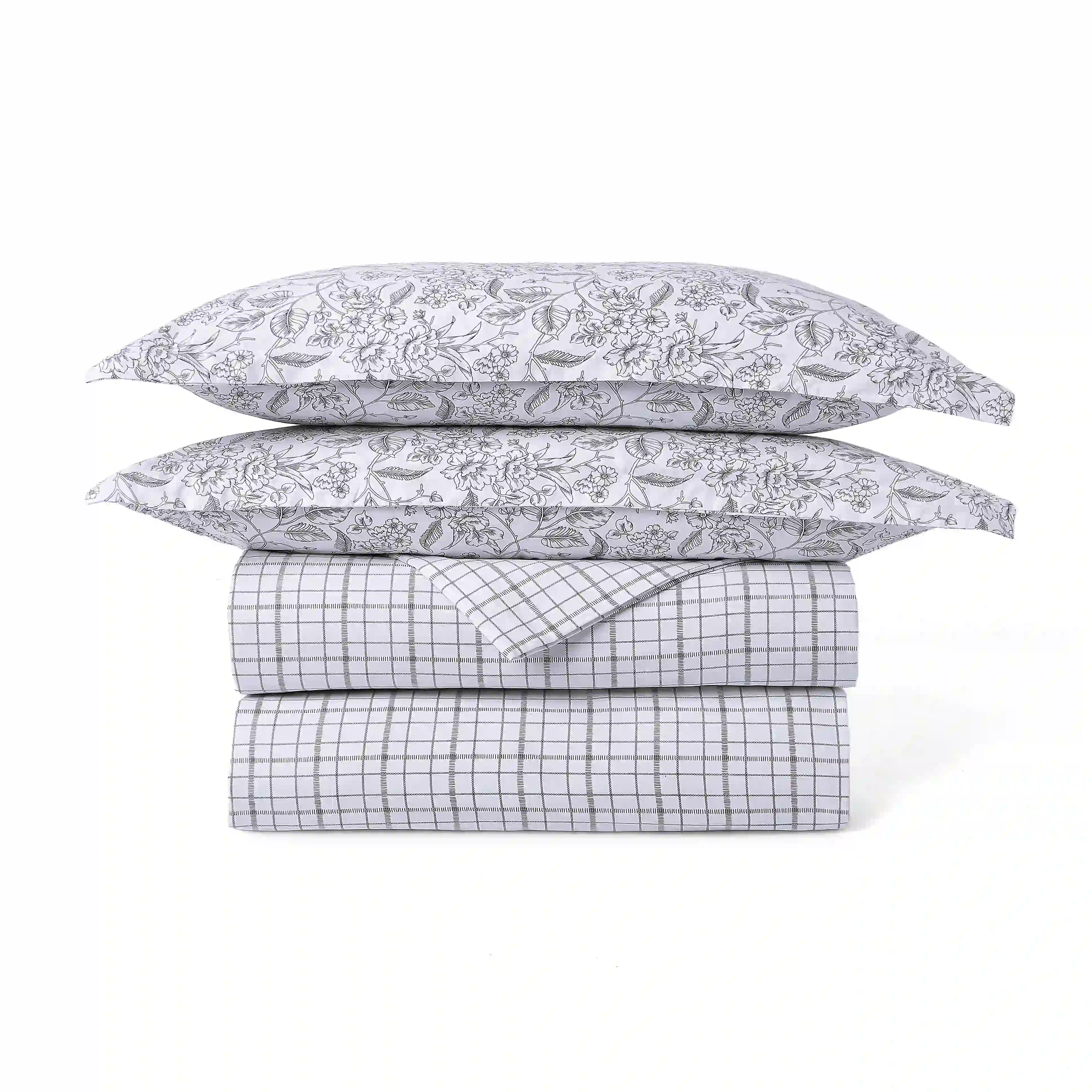 Mishella | Mix & Match Printed Coordinated Bedding Set | Set of Bedsheet & Dohars - Charcoal Checks - Image 4