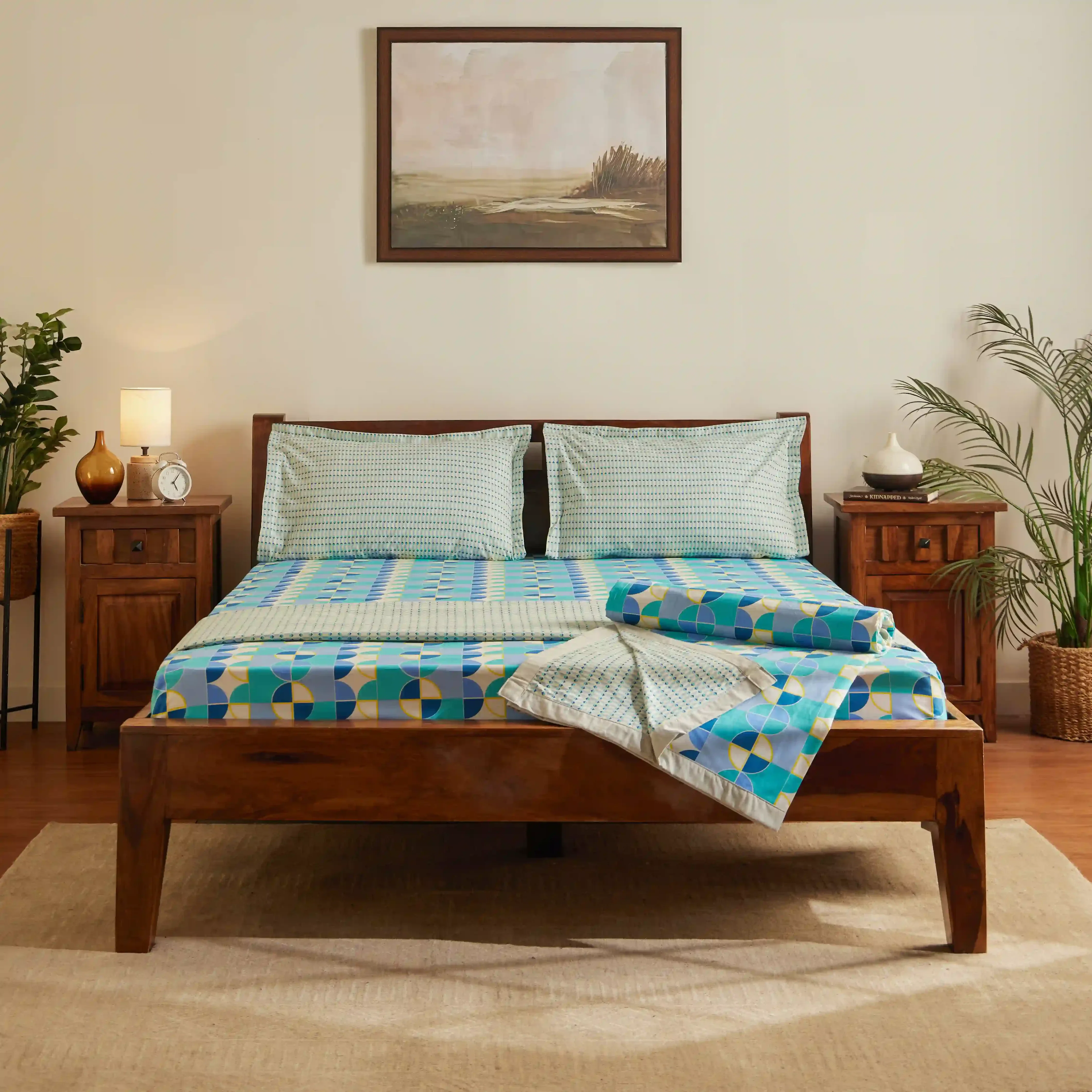 Mishella | Mix & Match Printed Coordinated Bedding Set | Set of Bedsheet & Dohars - Orbit Teal - Image 2