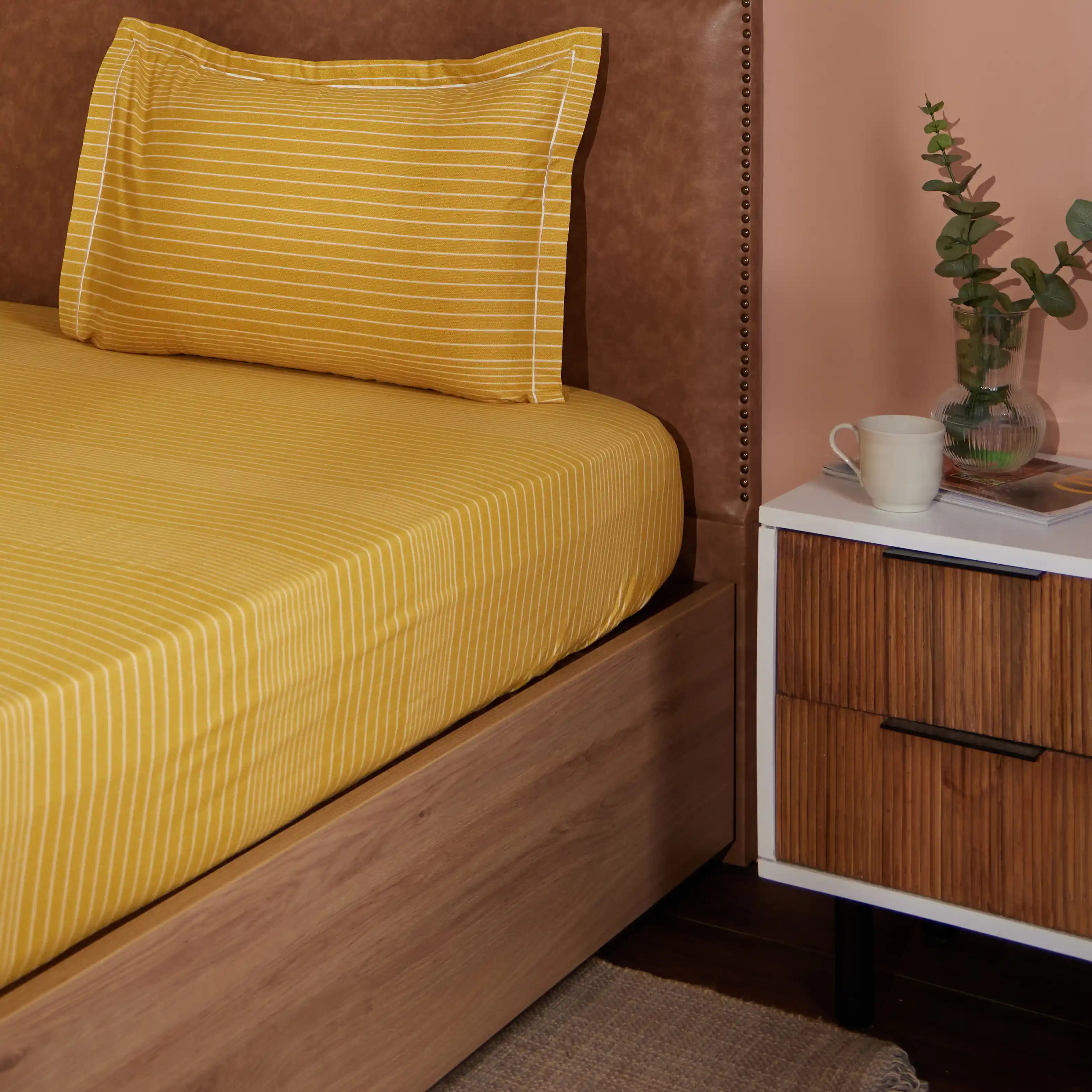 Threadscapes | Woven Textured Printed Cotton Bedsheet Set | Pillow Cover with Merrow Hem Treatment-Mustard
