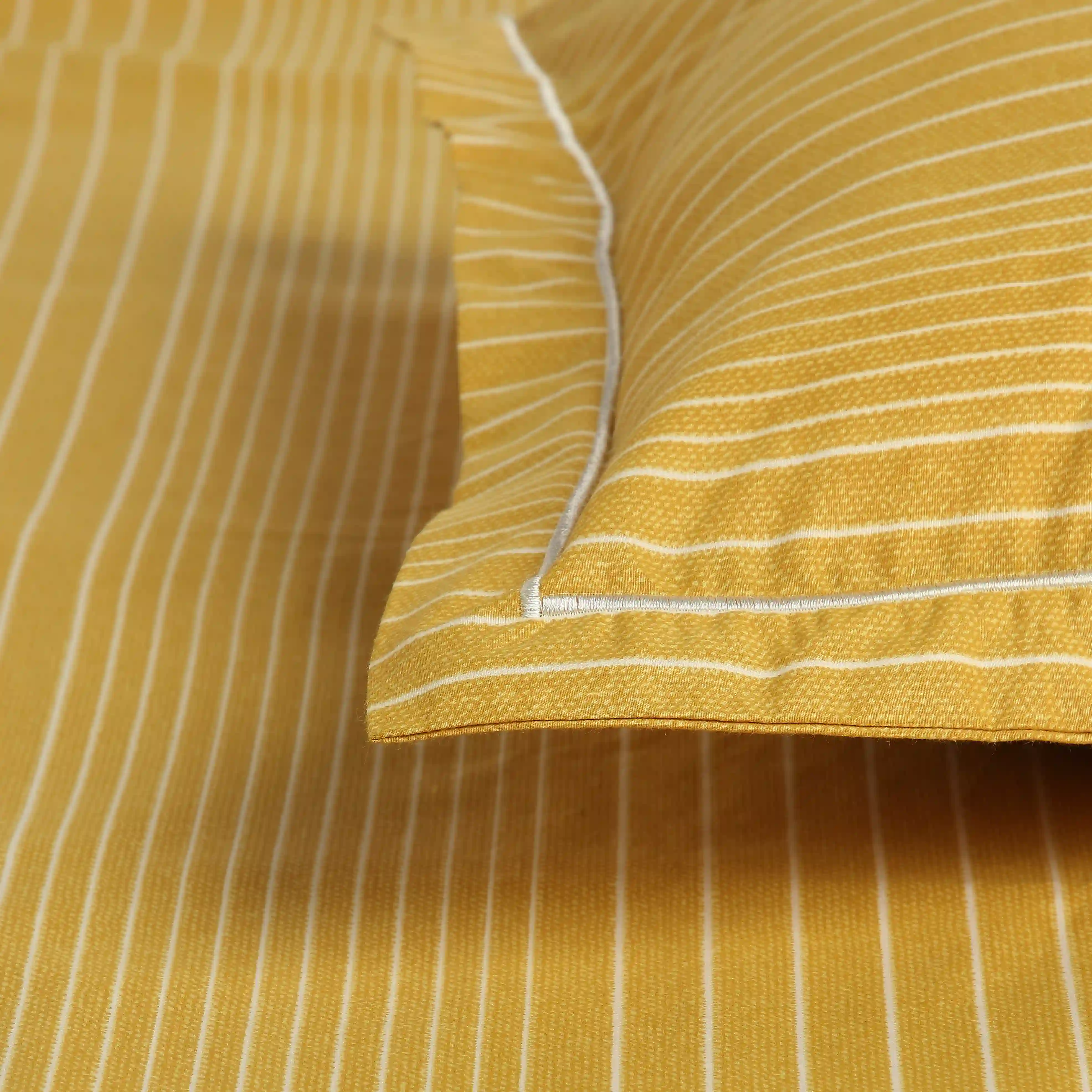 Threadscapes | Woven Textured Printed Cotton Bedsheet Set | Pillow Cover with Merrow Hem Treatment-Mustard - Image 10