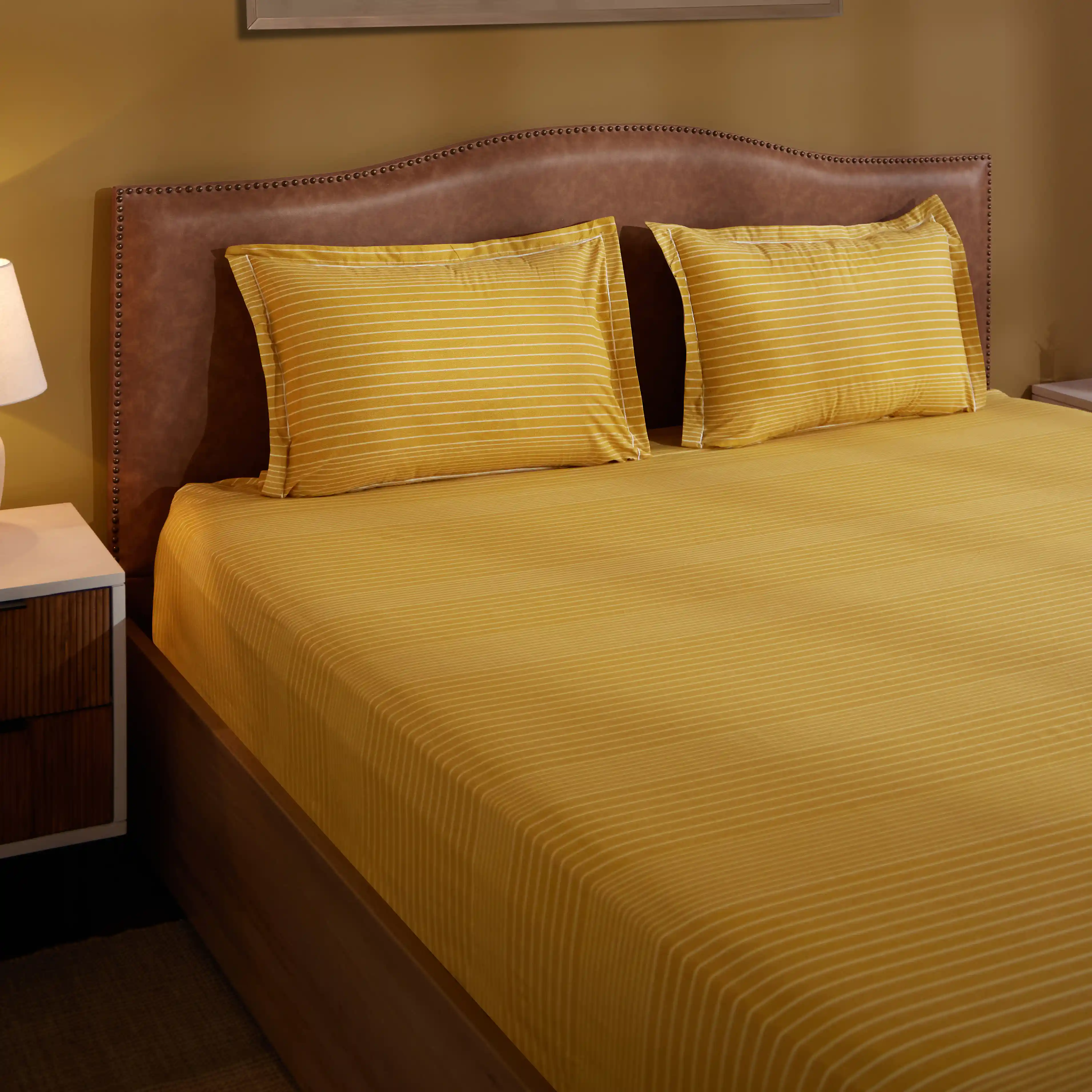 Threadscapes | Woven Textured Printed Cotton Bedsheet Set | Pillow Cover with Merrow Hem Treatment-Mustard - Image 11