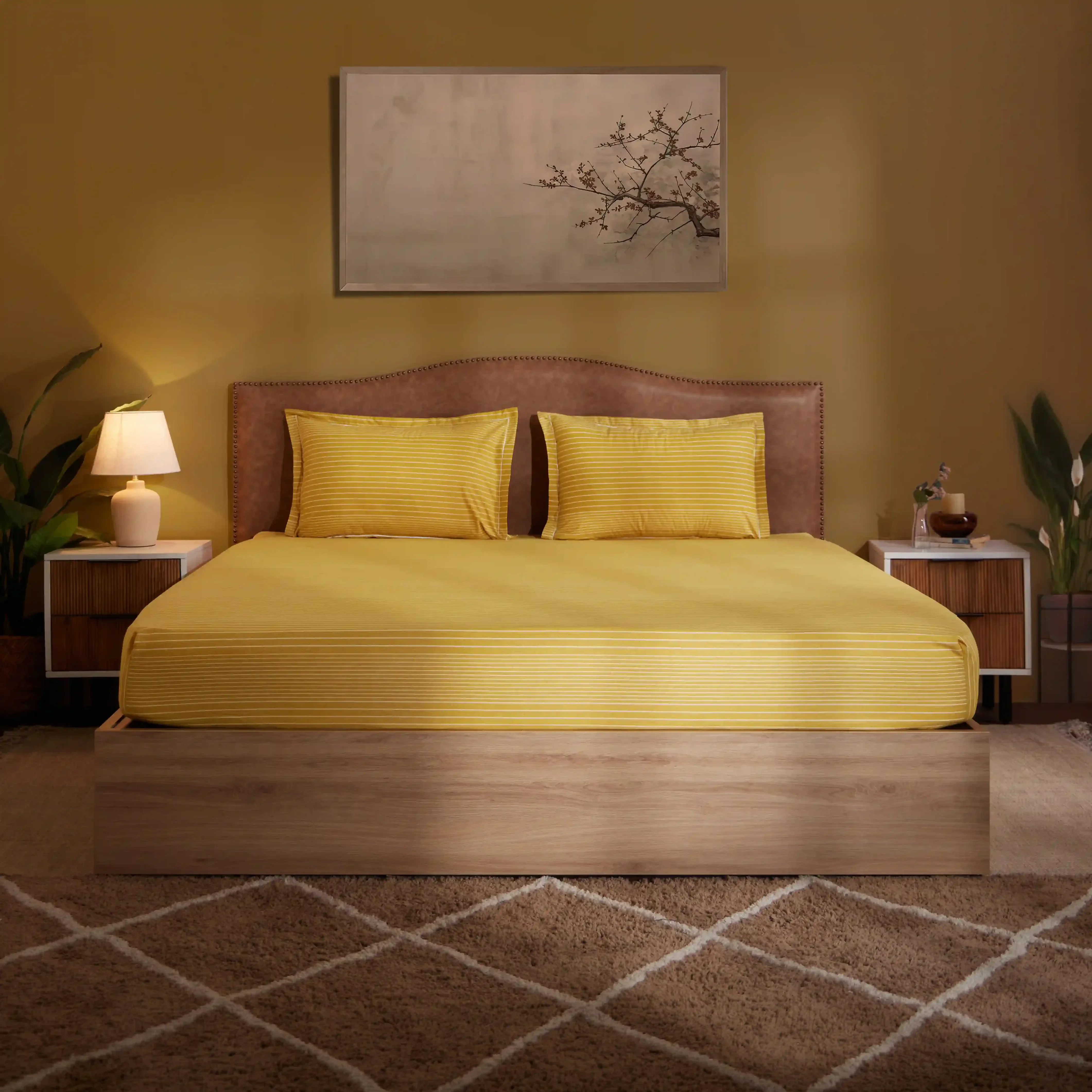 Threadscapes | Woven Textured Printed Cotton Bedsheet Set | Pillow Cover with Merrow Hem Treatment-Mustard - Image 12