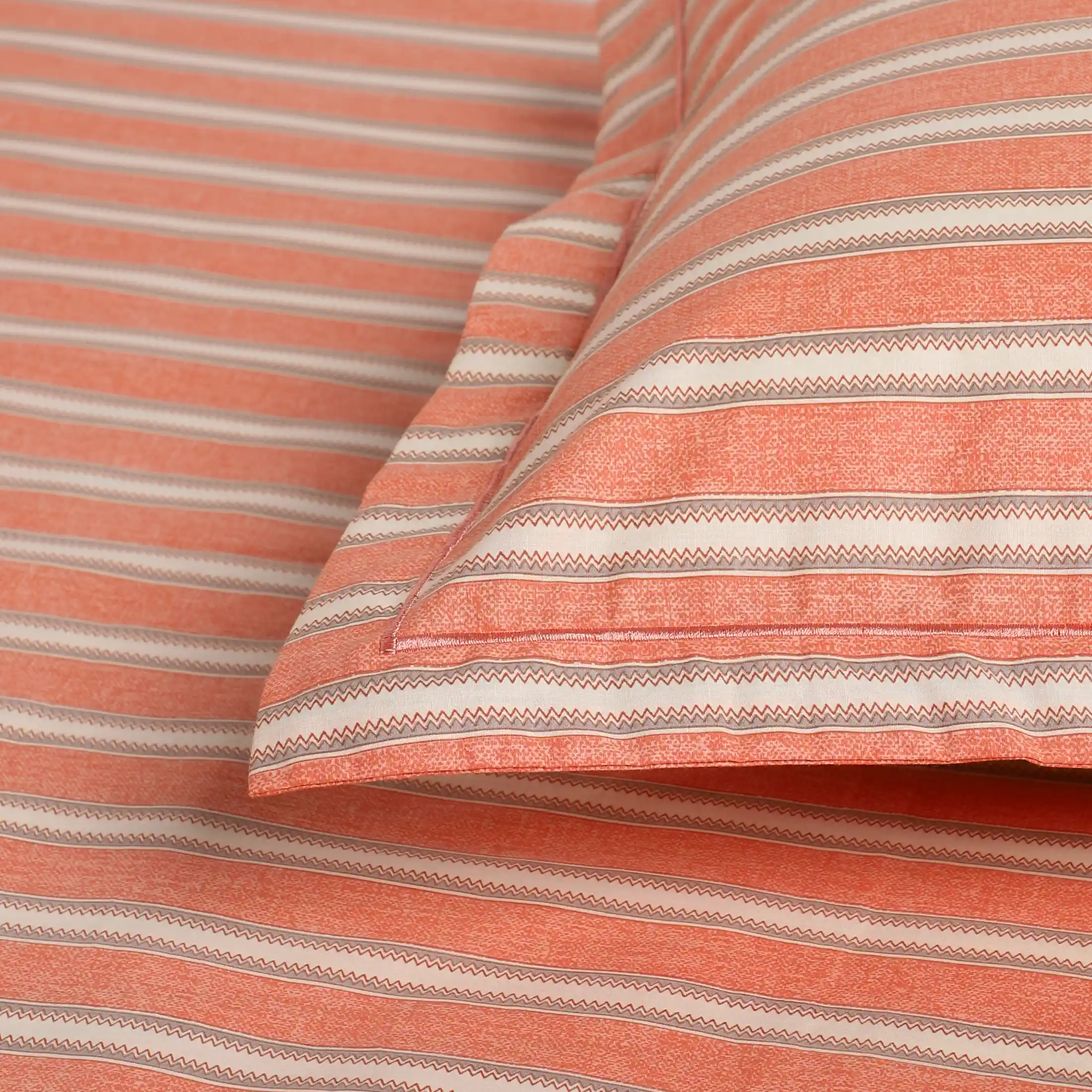 Threadscapes | Woven Textured Printed Cotton Bedsheet Set | Pillow Cover with Merrow Hem Treatment-Peach - Image 11
