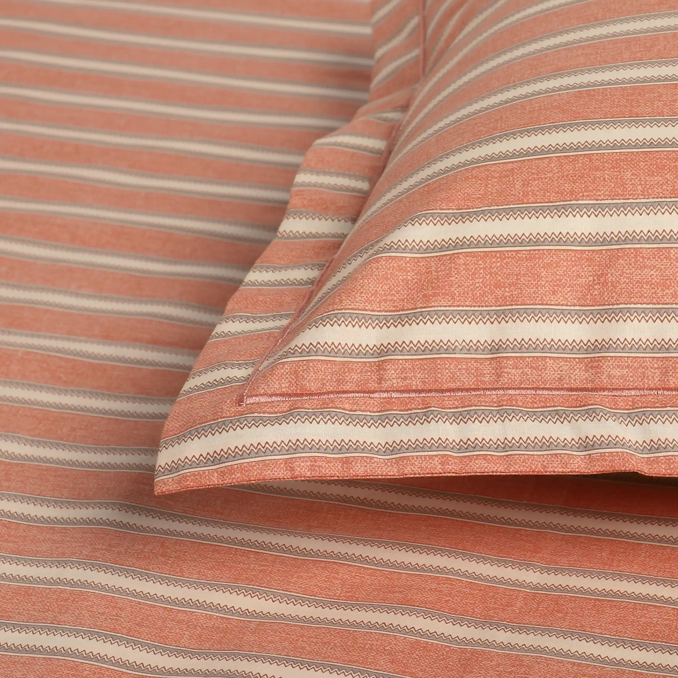 Threadscapes | Woven Textured Printed Cotton Bedsheet Set | Pillow Cover with Merrow Hem Treatment-Peach - Image 15