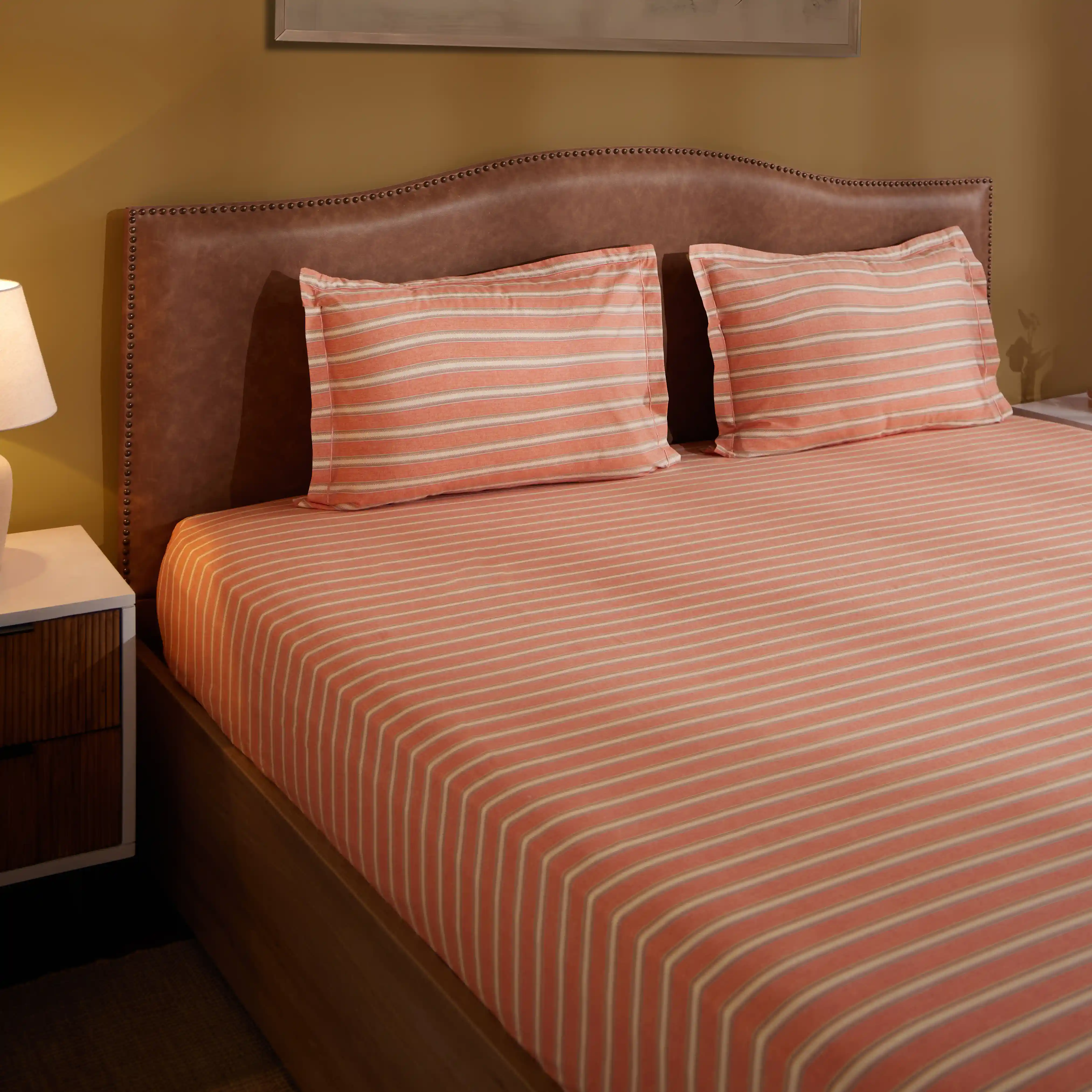 Threadscapes | Woven Textured Printed Cotton Bedsheet Set | Pillow Cover with Merrow Hem Treatment-Peach - Image 2