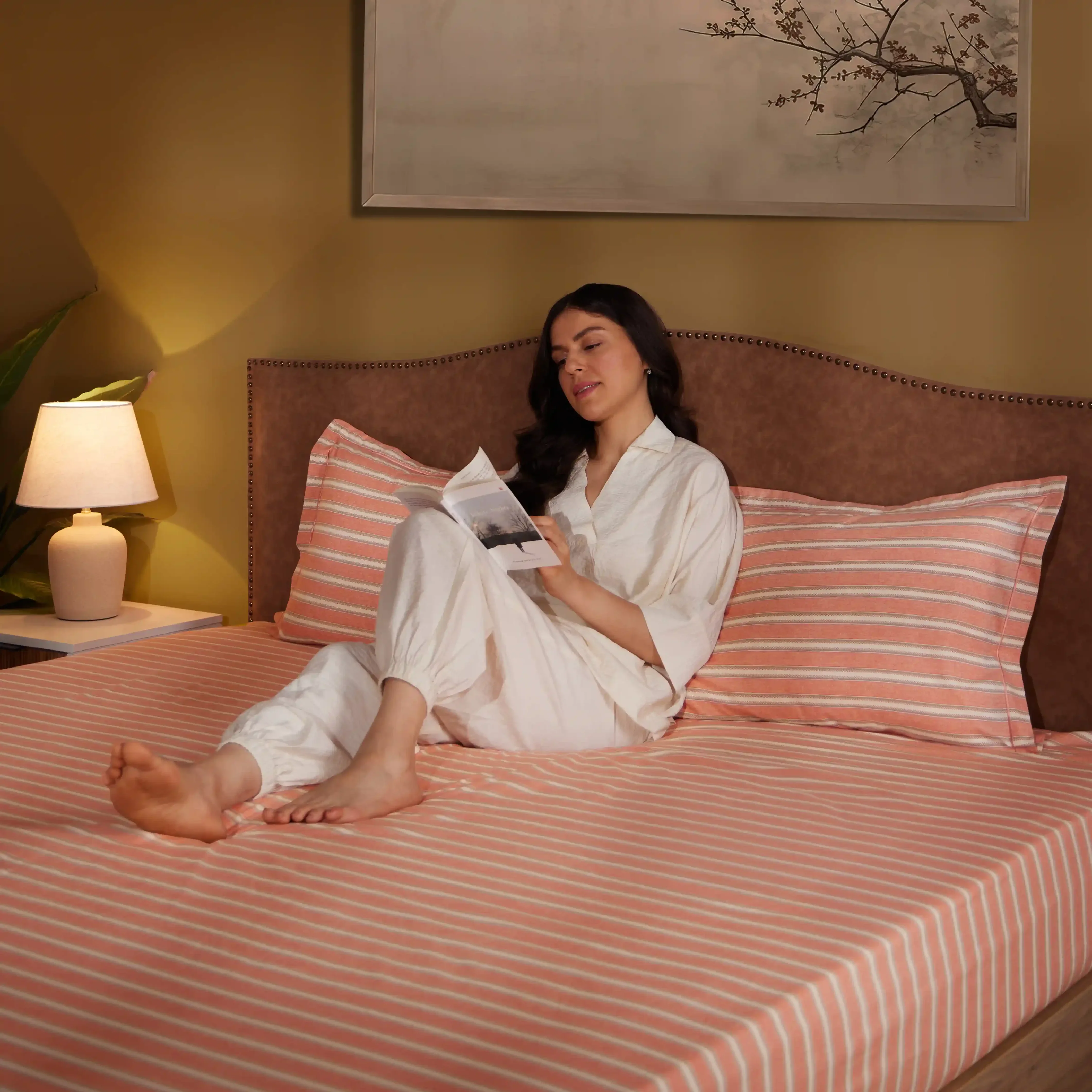 Threadscapes | Woven Textured Printed Cotton Bedsheet Set | Pillow Cover with Merrow Hem Treatment-Peach - Image 4