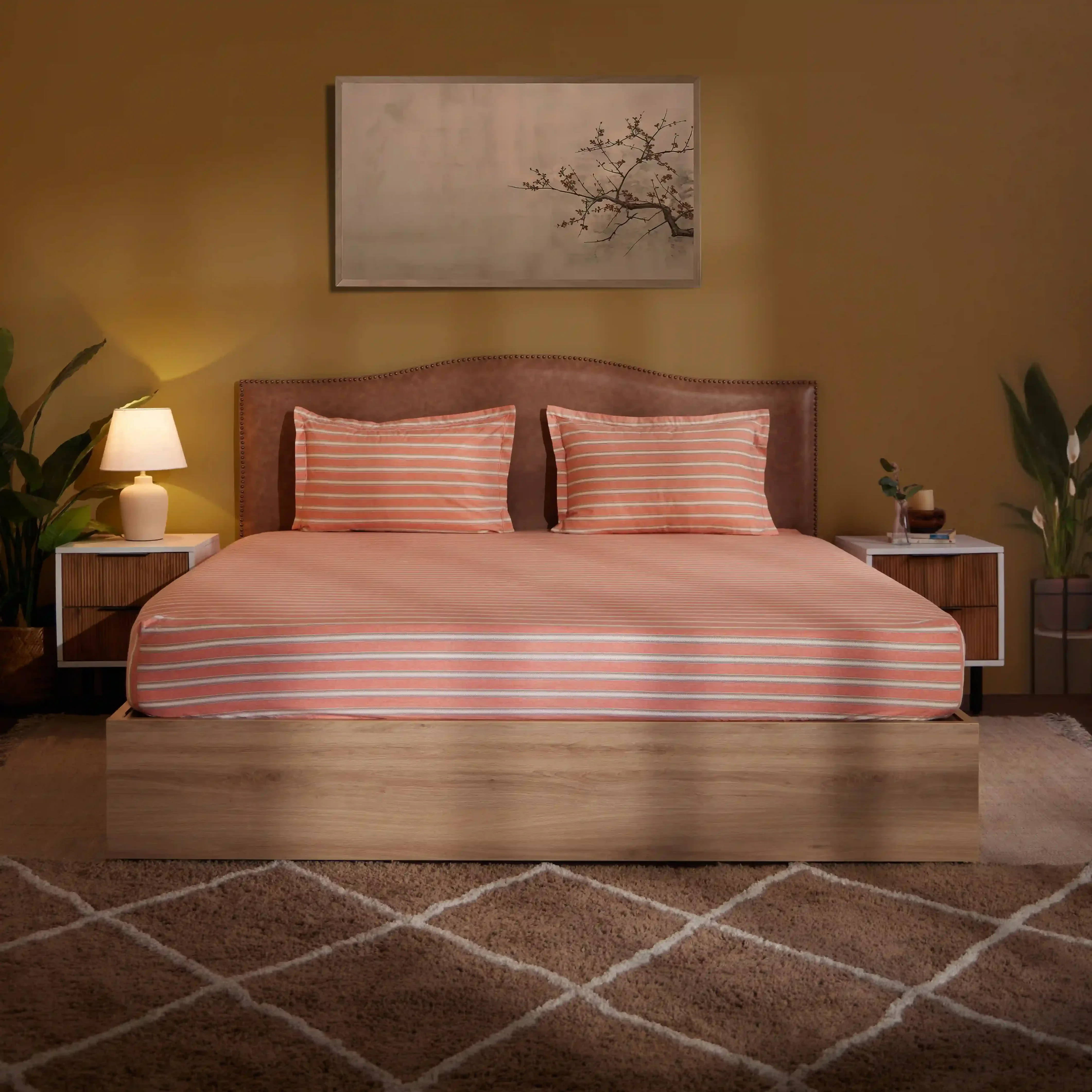 Threadscapes | Woven Textured Printed Cotton Bedsheet Set | Pillow Cover with Merrow Hem Treatment-Peach - Image 6