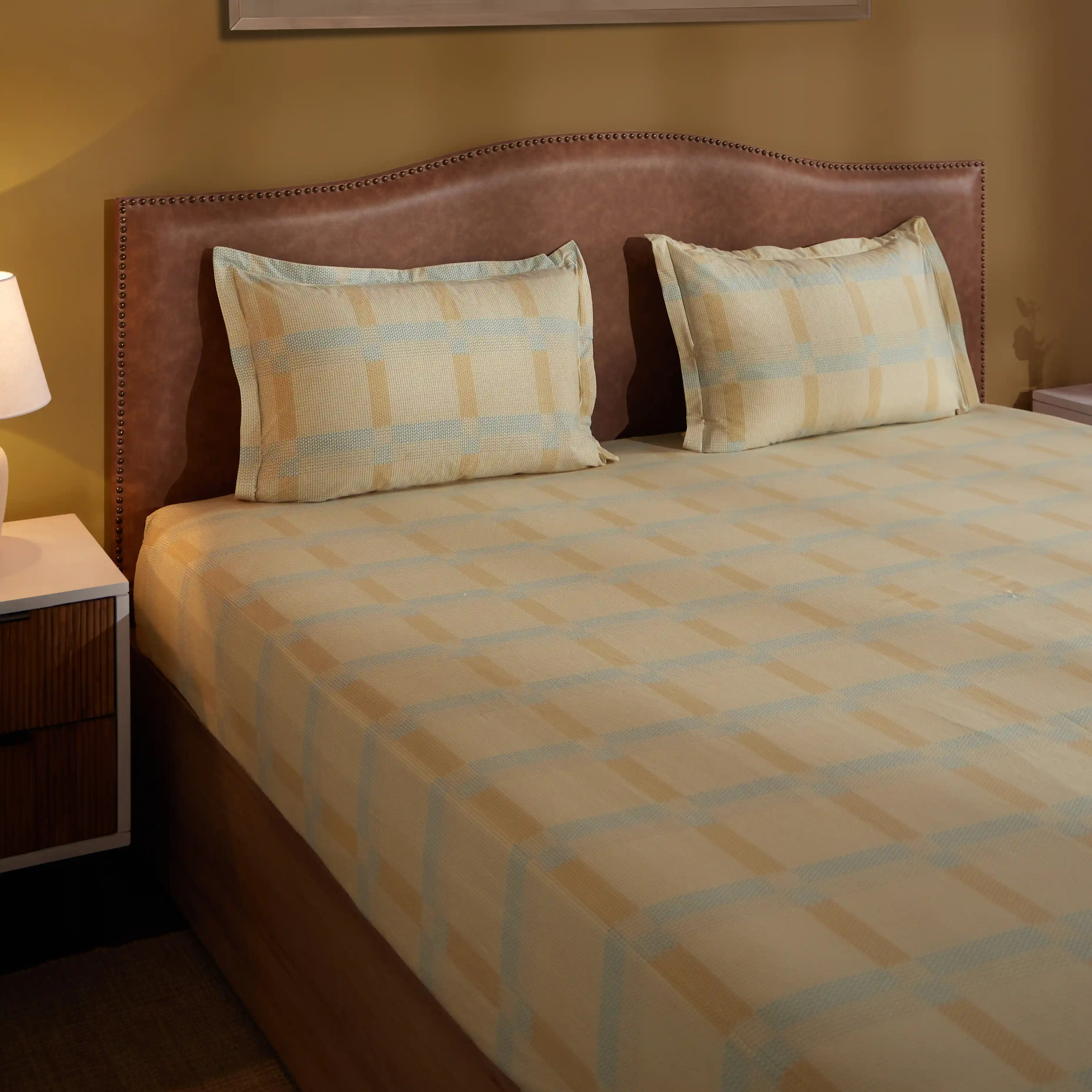 Threadscapes | Woven Textured Printed Cotton Bedsheet Set | Pillow Cover with Merrow Hem Treatment-Sand - Image 11