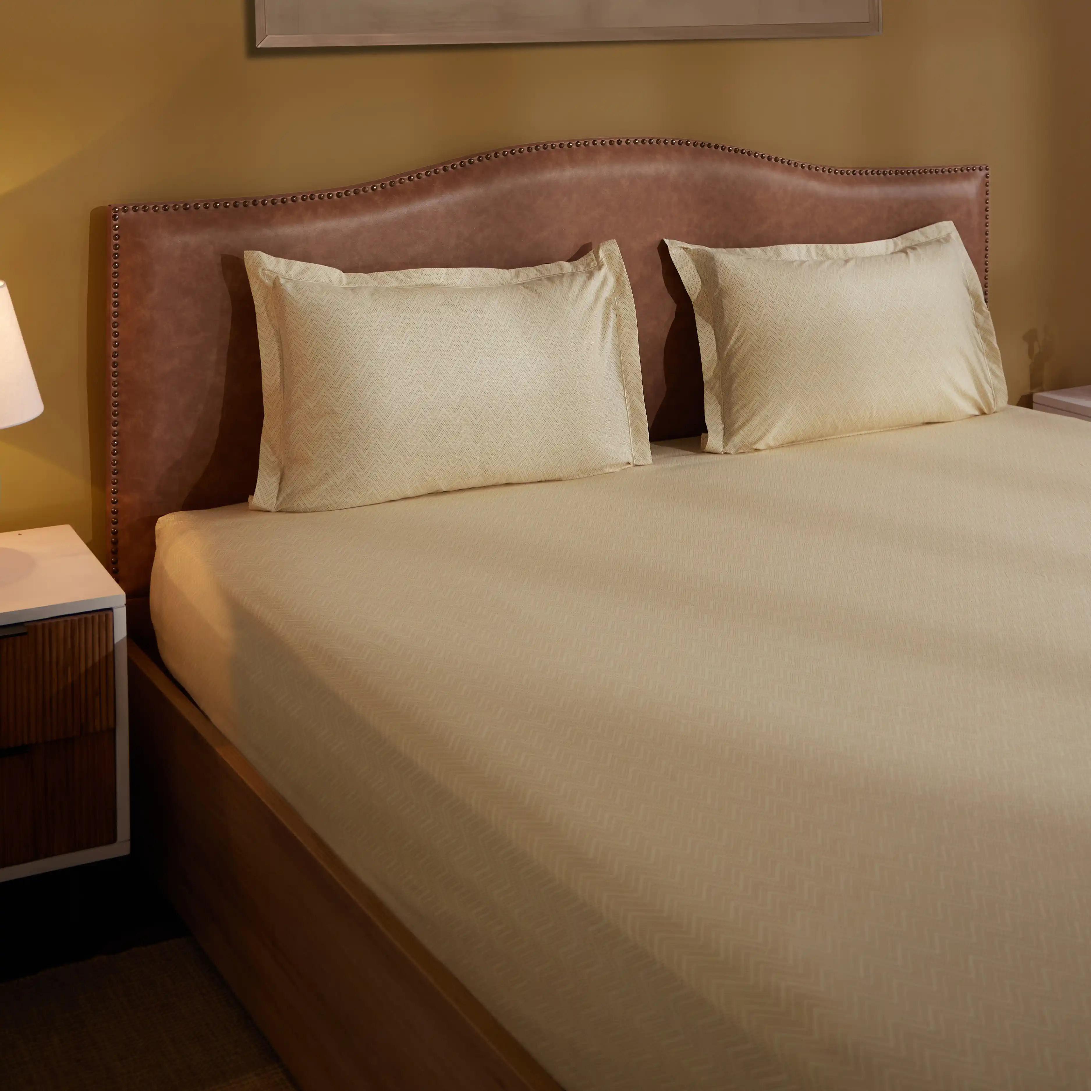 Threadscapes | Woven Textured Printed Cotton Fitted Sheet Set | Pillow Cover with Merrow Hem Treatment-Beige