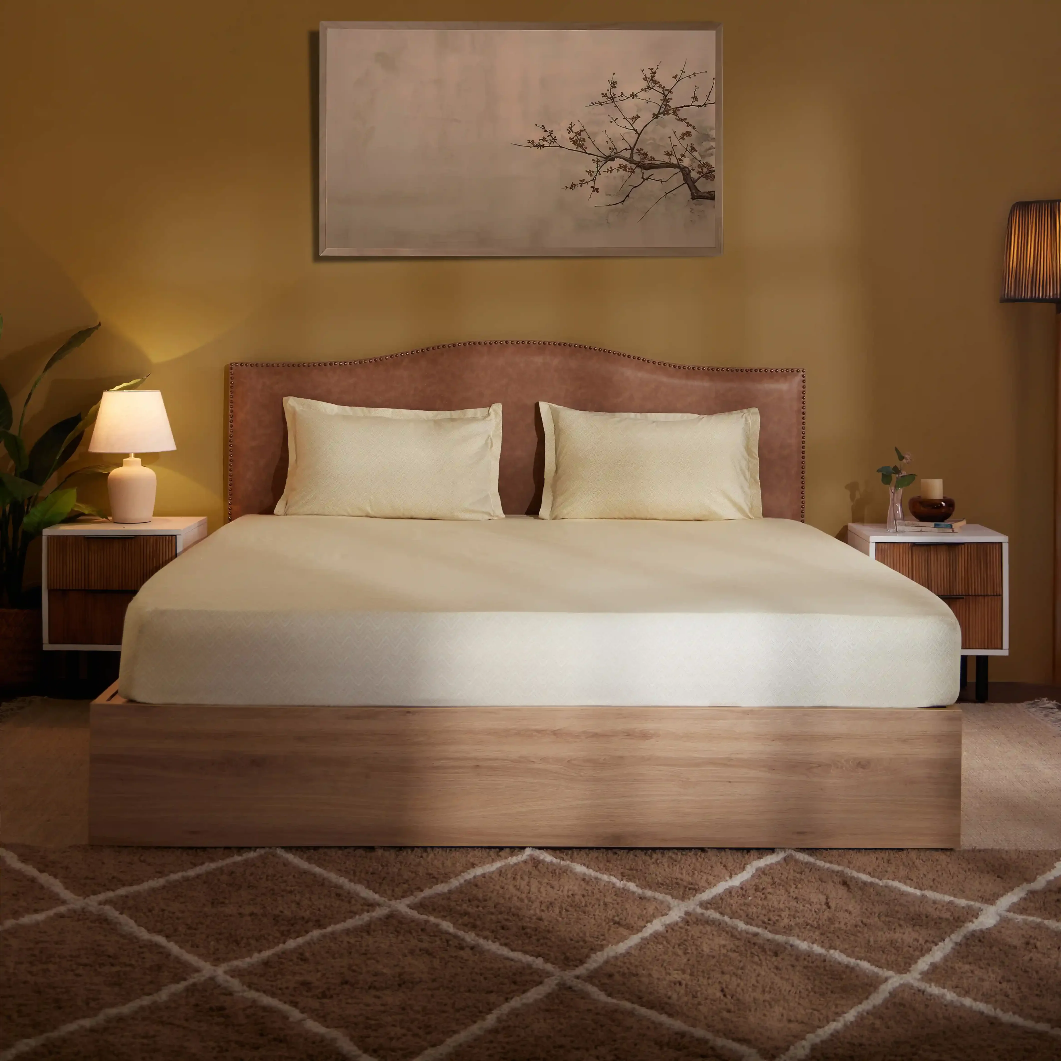 Threadscapes | Woven Textured Printed Cotton Fitted Sheet Set | Pillow Cover with Merrow Hem Treatment-Beige - Image 2
