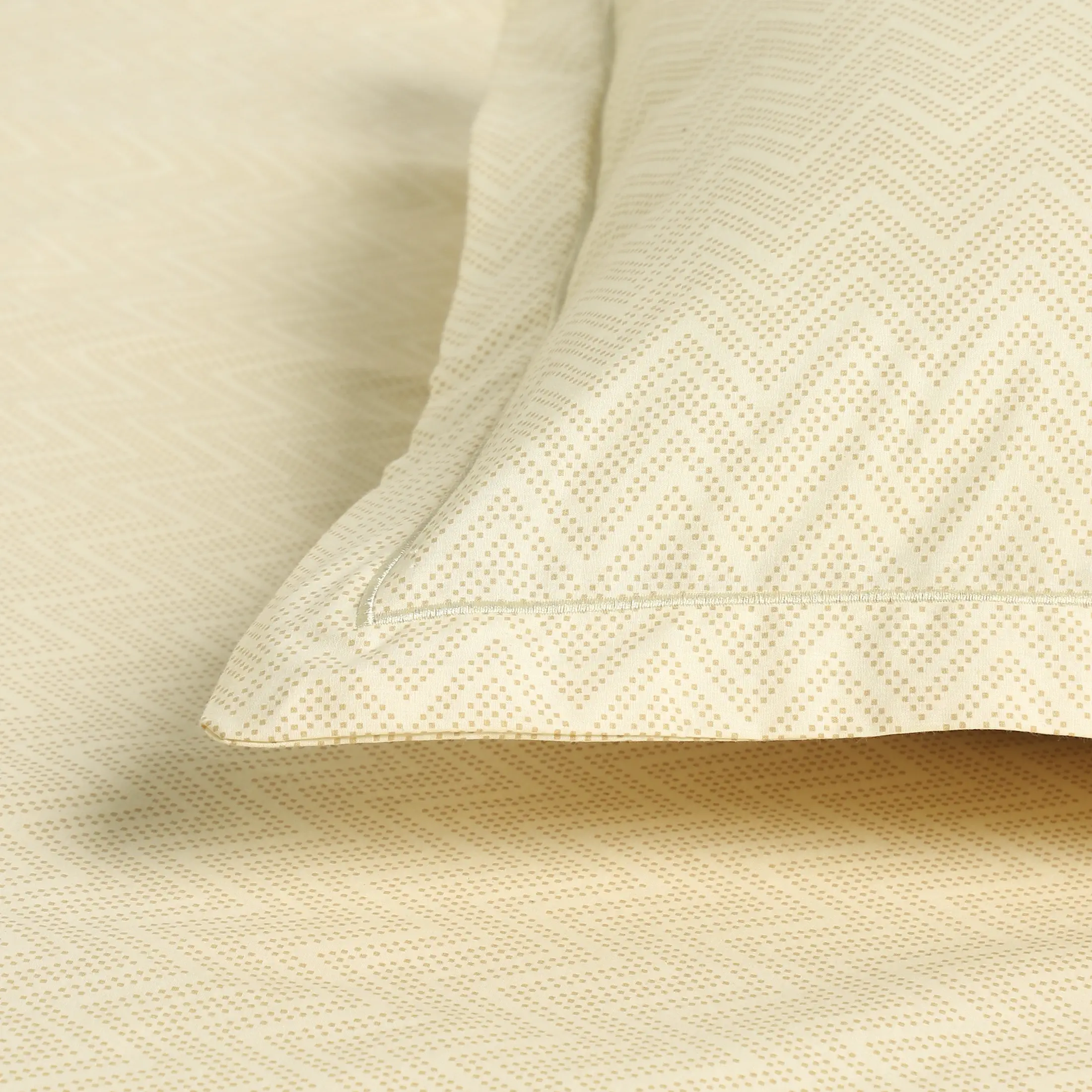Threadscapes | Woven Textured Printed Cotton Fitted Sheet Set | Pillow Cover with Merrow Hem Treatment-Beige - Image 6