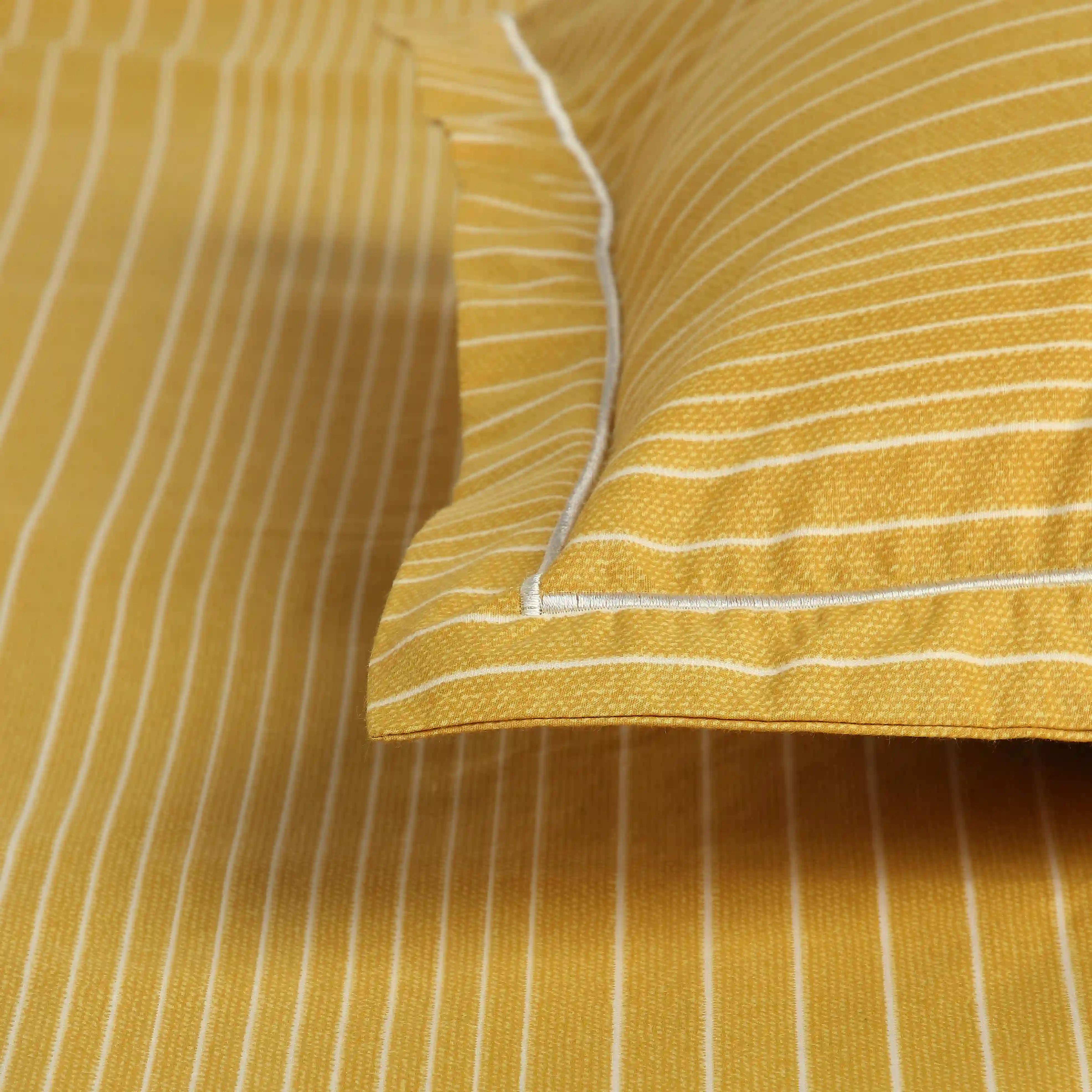 Threadscapes | Woven Textured Printed Cotton Fitted Sheet Set | Pillow Cover with Merrow Hem Treatment-Mustard - Image 6