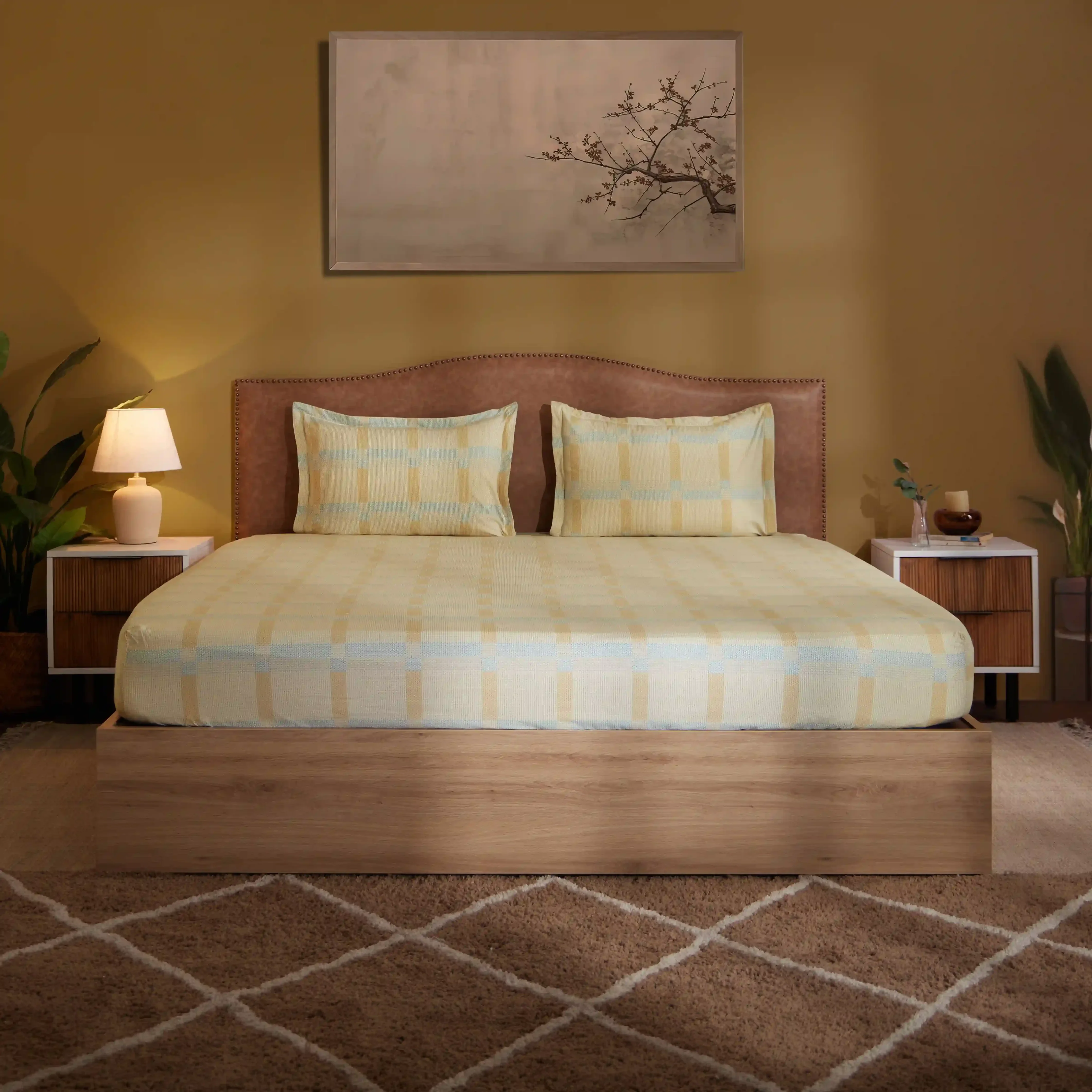 Threadscapes | Woven Textured Printed Cotton Fitted Sheet Set | Pillow Cover with Merrow Hem Treatment-Sand - Image 2