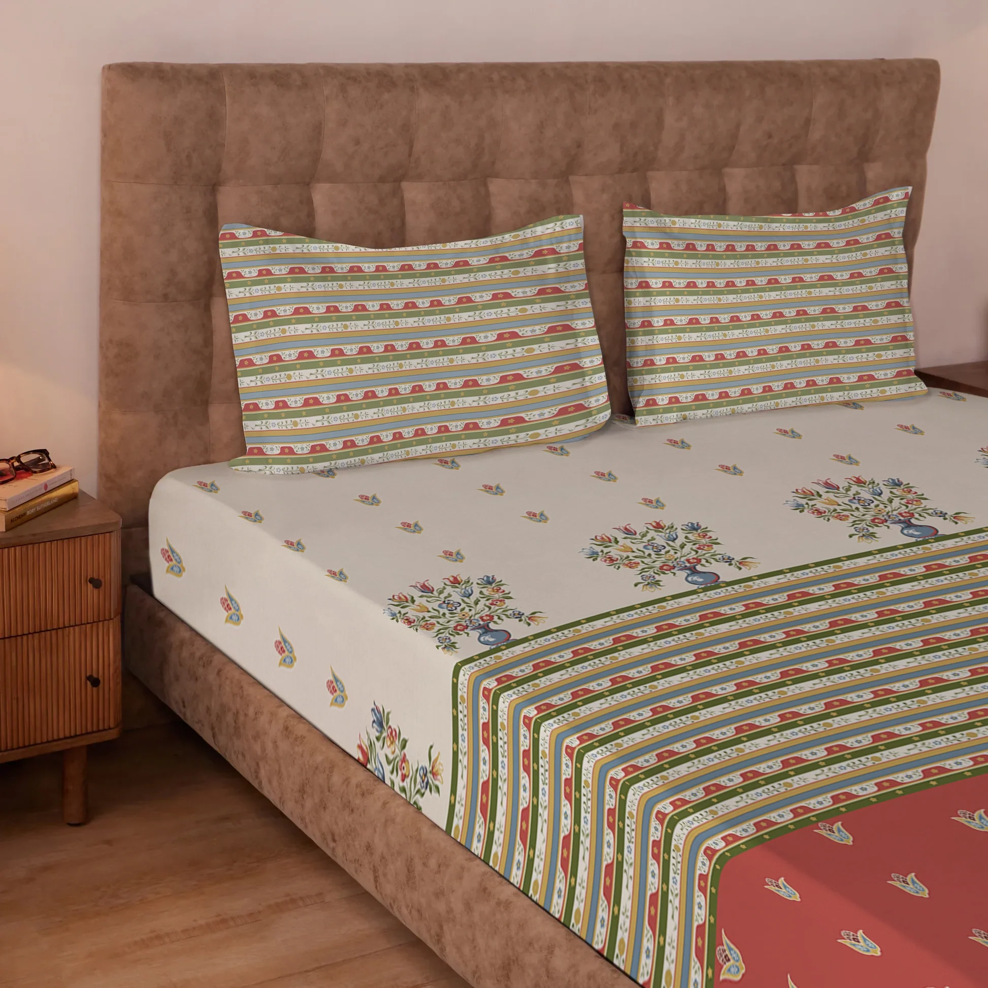 Udyan Tales | Vivid Traditional Printed Cotton Bedsheet Set - Brick Red