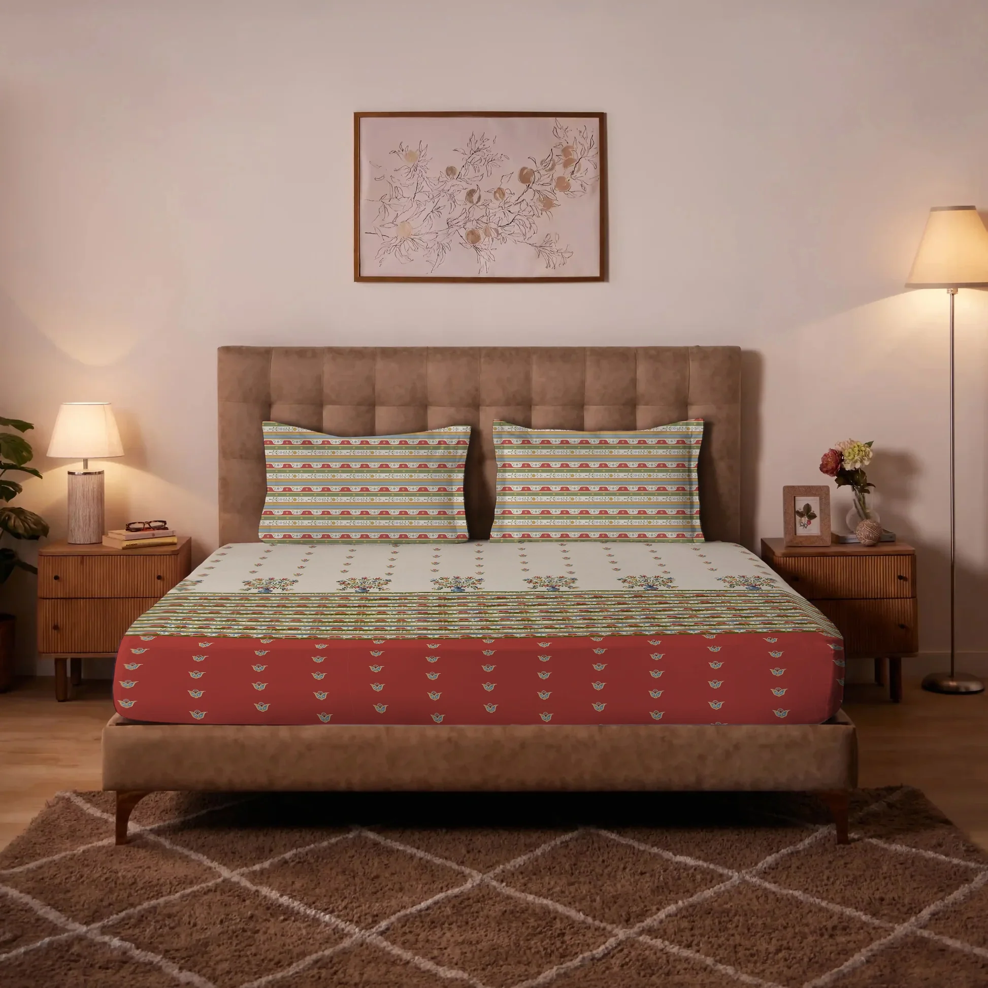 Udyan Tales | Vivid Traditional Printed Cotton Bedsheet Set - Brick Red - Image 2