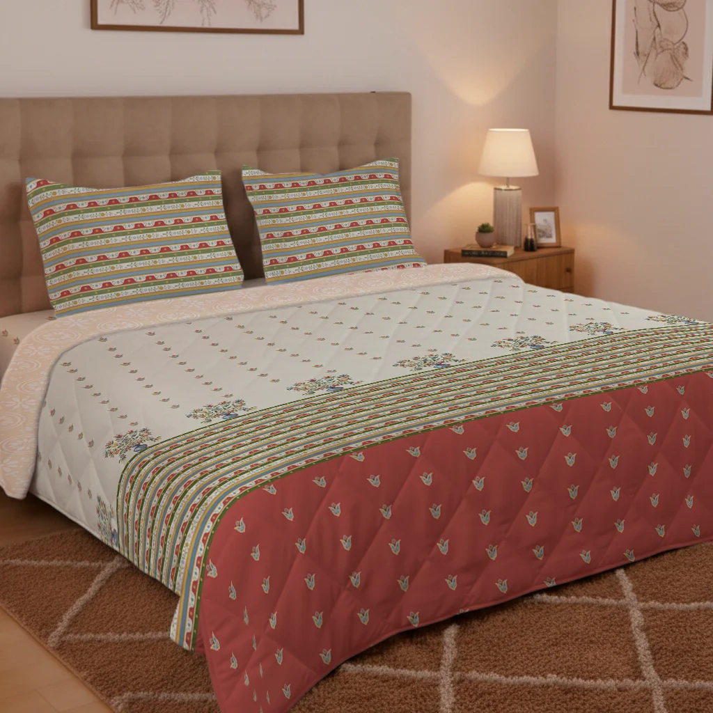 Udyan Tales | Vivid Traditional Printed 300 GSM Extra Warm Premium Comforter - Brick Red