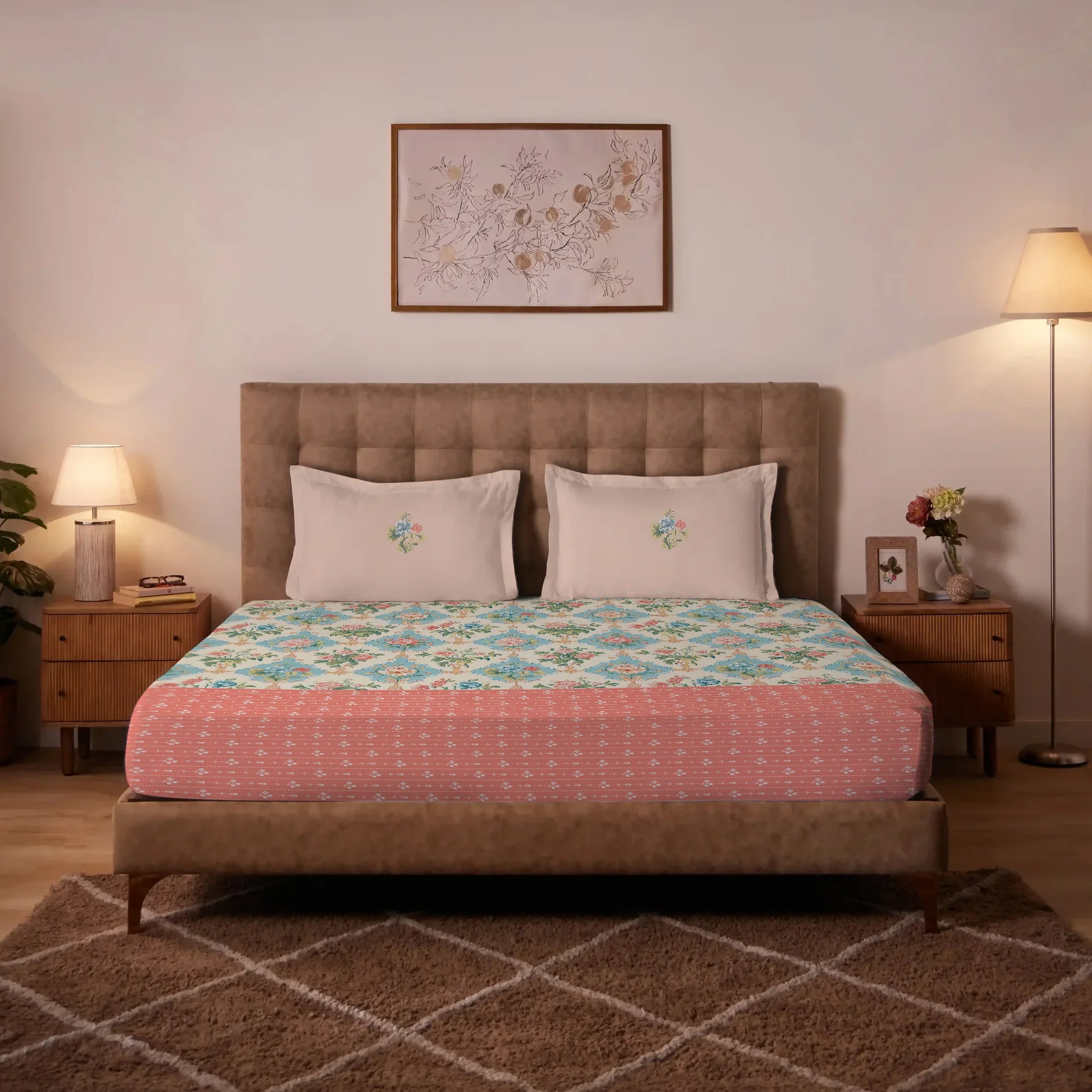 Udyan Tales | Enchanted Floral Printed Cotton Bedsheet Set - Flamingo Pink - Image 2