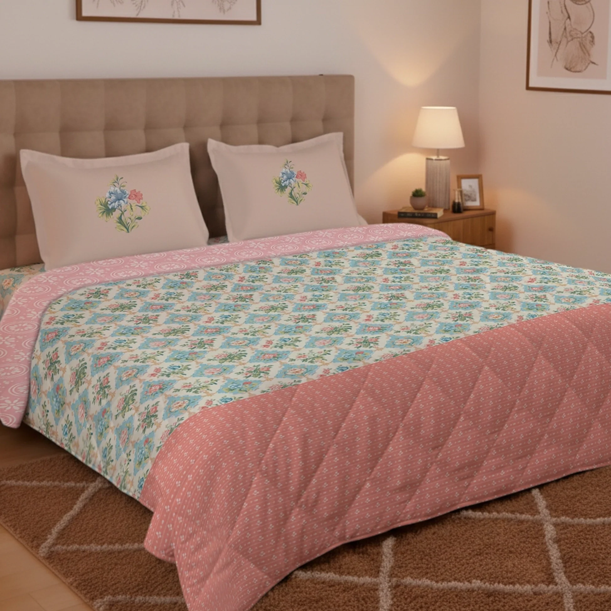 Udyan Tales | Enchanted Floral Printed 150 GSM Reversible Comforter - Flamingo Pink