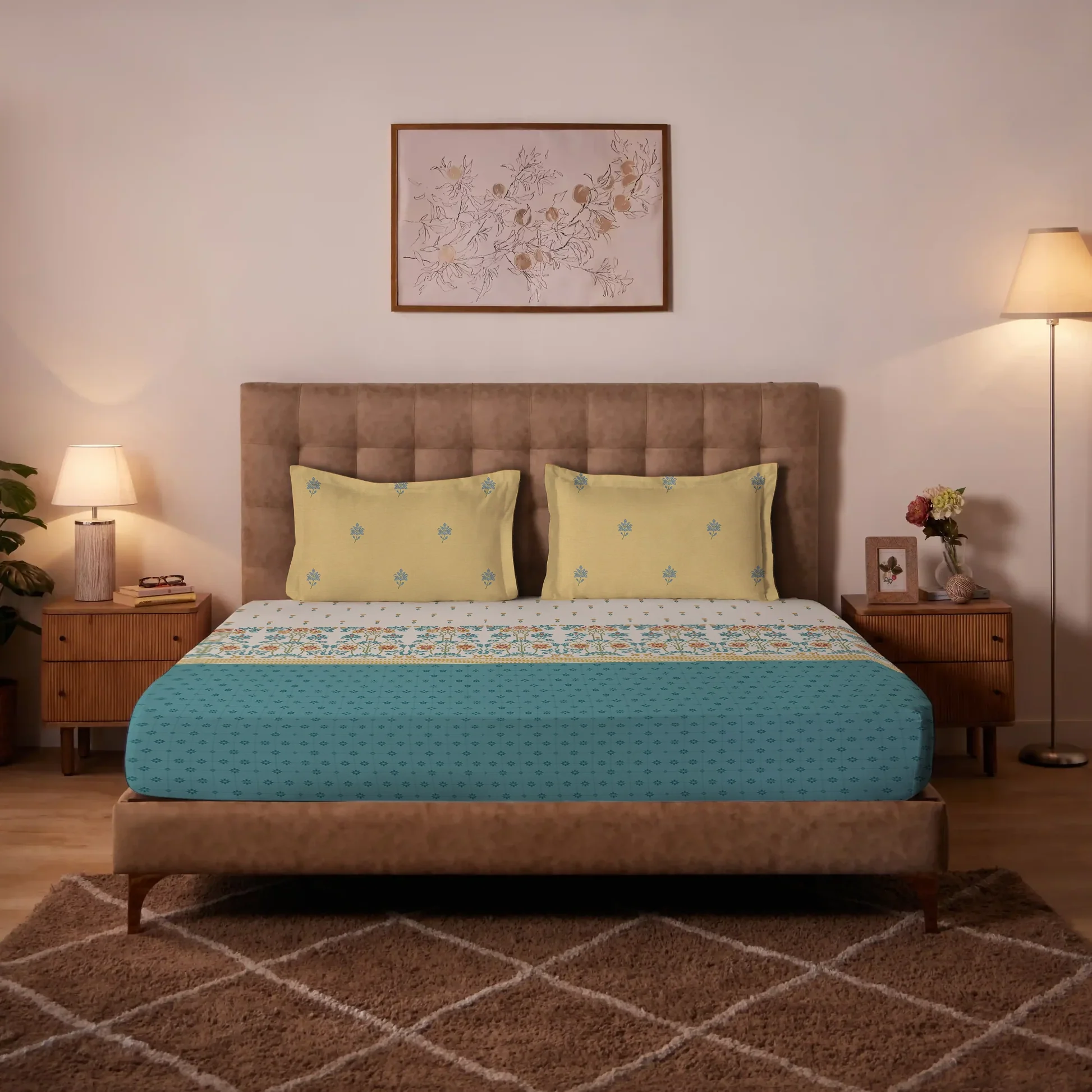 Udyan Tales | Vibrant Ethnic Printed Cotton Bedsheet Set - Midnight Teal - Image 2