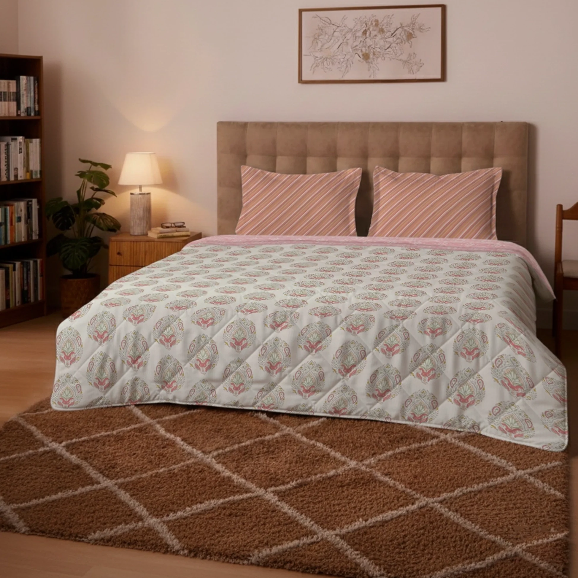 Udyan Tales | Contemporary Indian Printed 150 GSM Reversible Comforter - Soft Coral - Image 2