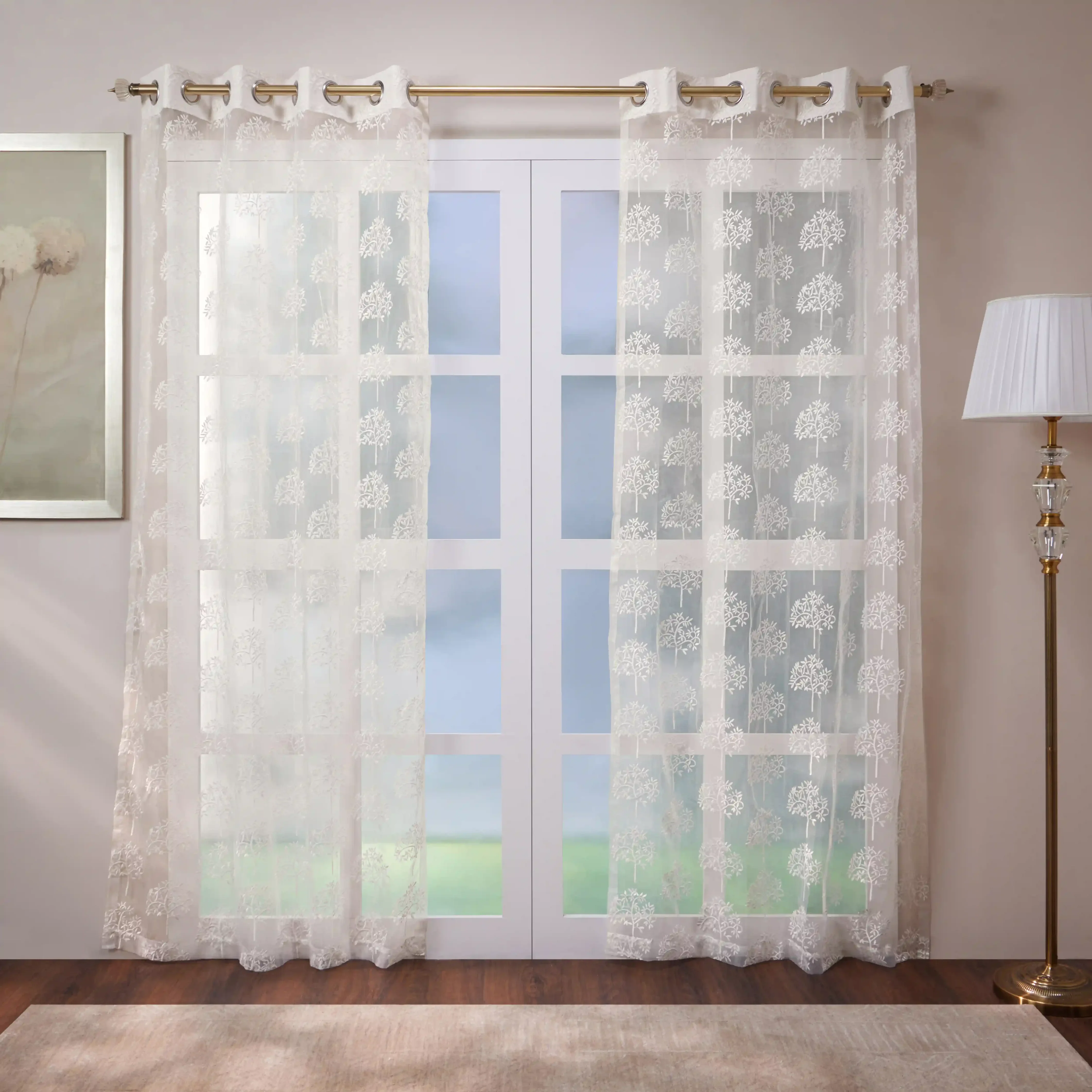 Velina Set Of 2 Embroidered Sheer Readymade Curtains | Botanical Trails