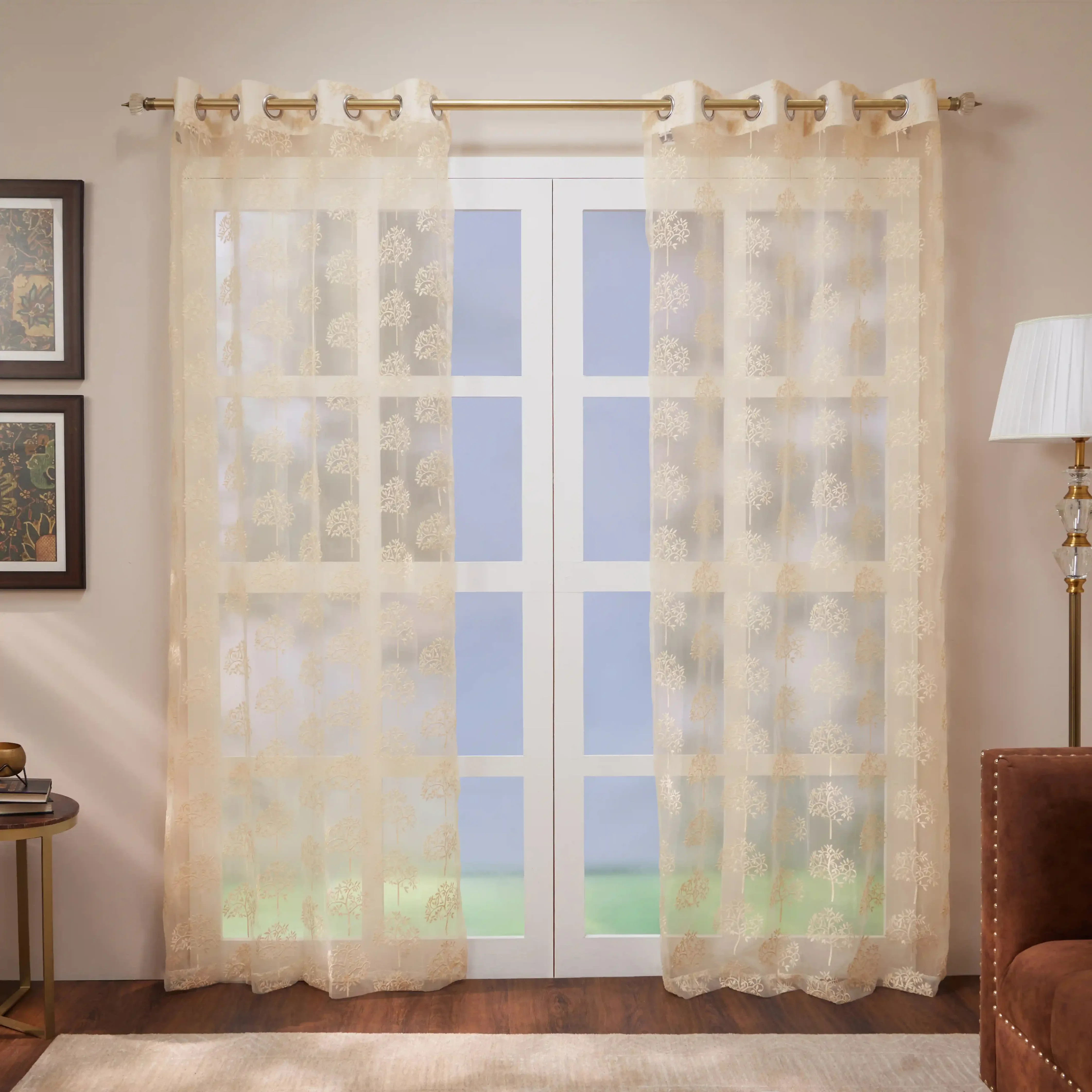 Velina Set Of 2 Embroidered Sheer Readymade Curtains | Botanical Trails - Image 5