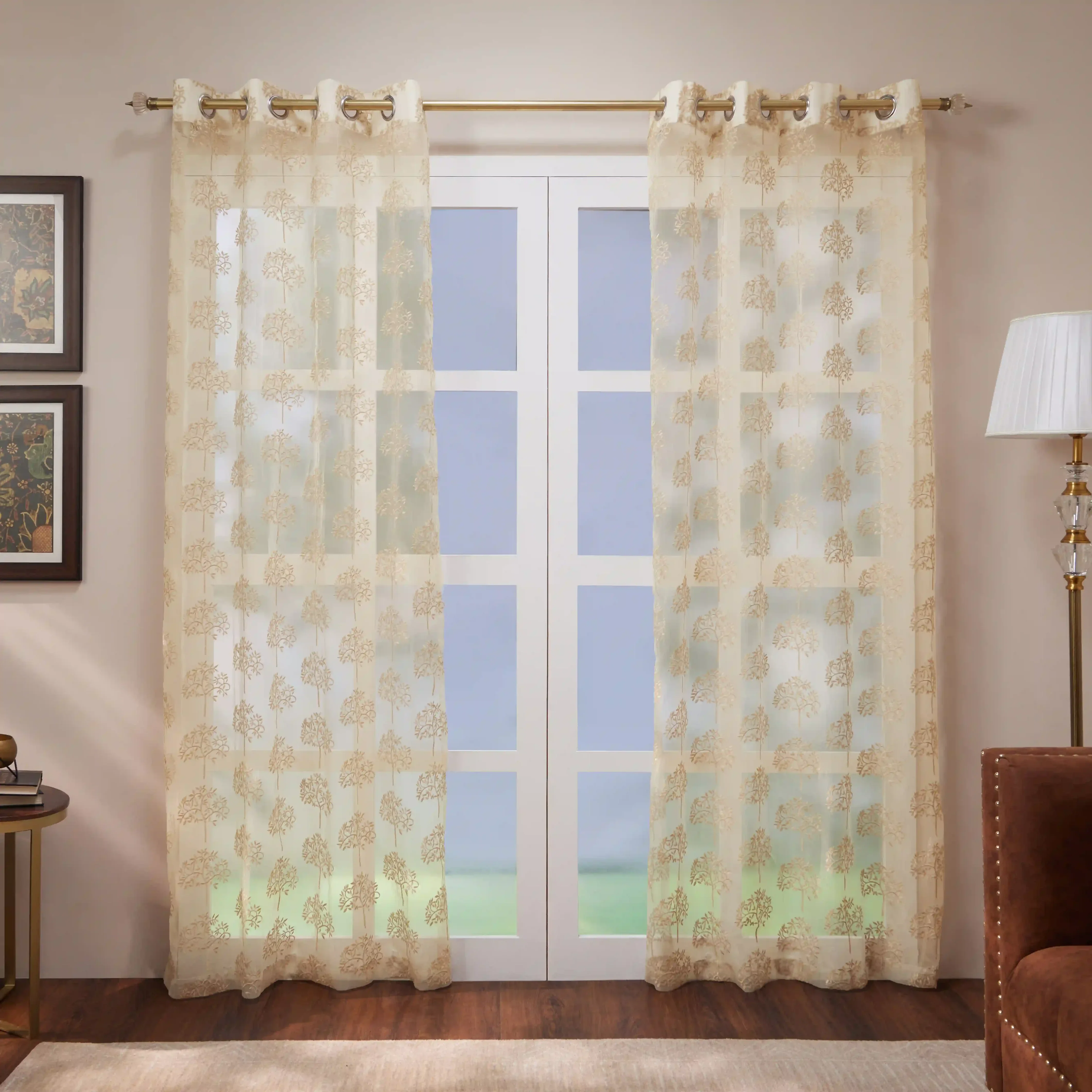 Velina Set Of 2 Embroidered Sheer Readymade Curtains | Botanical Trails - Image 9